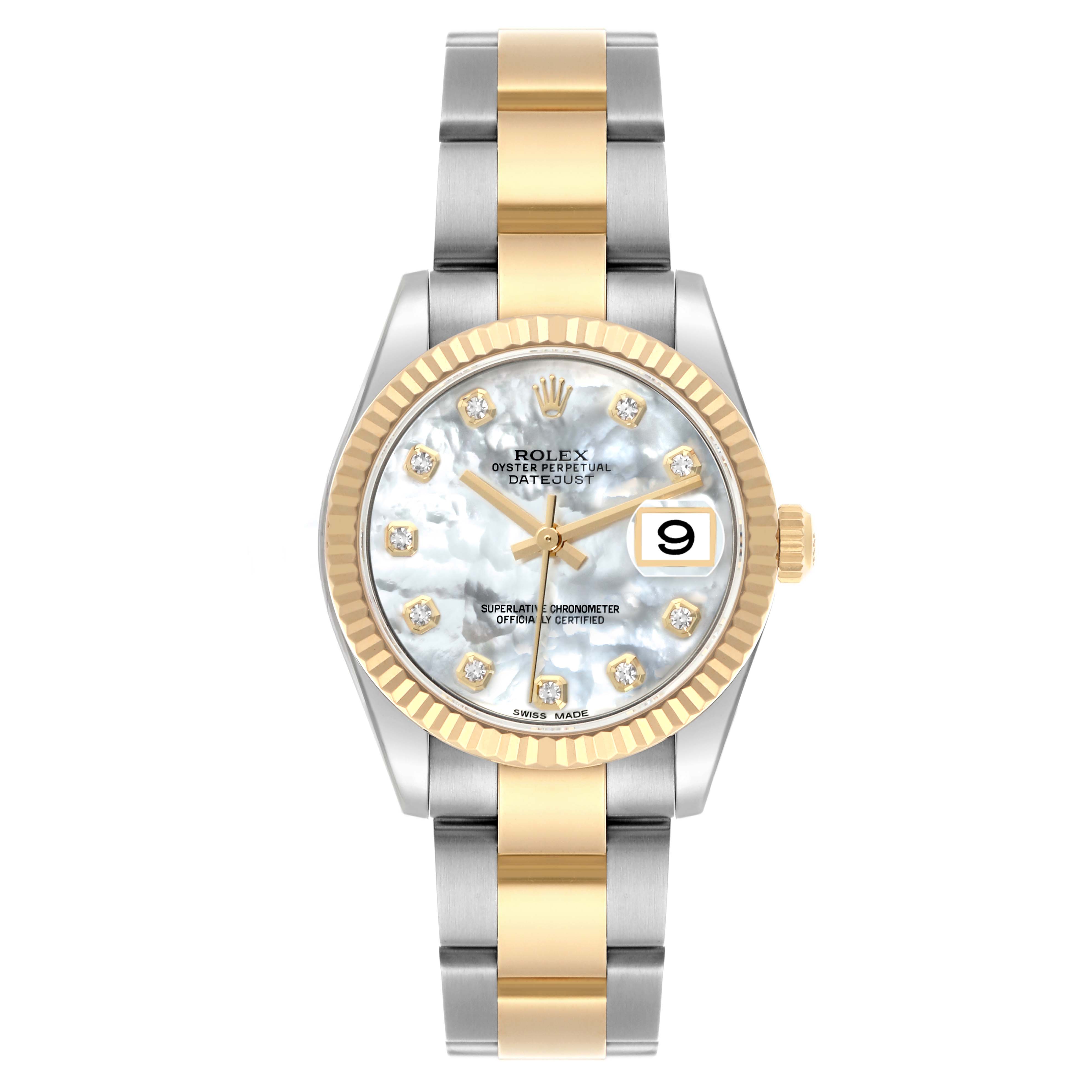 The Rolex Mid-Size 178273 Women's Steel and Gold (two tone) Mother of Pearl Dial 178273 Women's Steel and Gold (two tone) Mother of Pearl Dial watch is shown from a top view, featuring a two-tone band and a diamond-studded dial.
