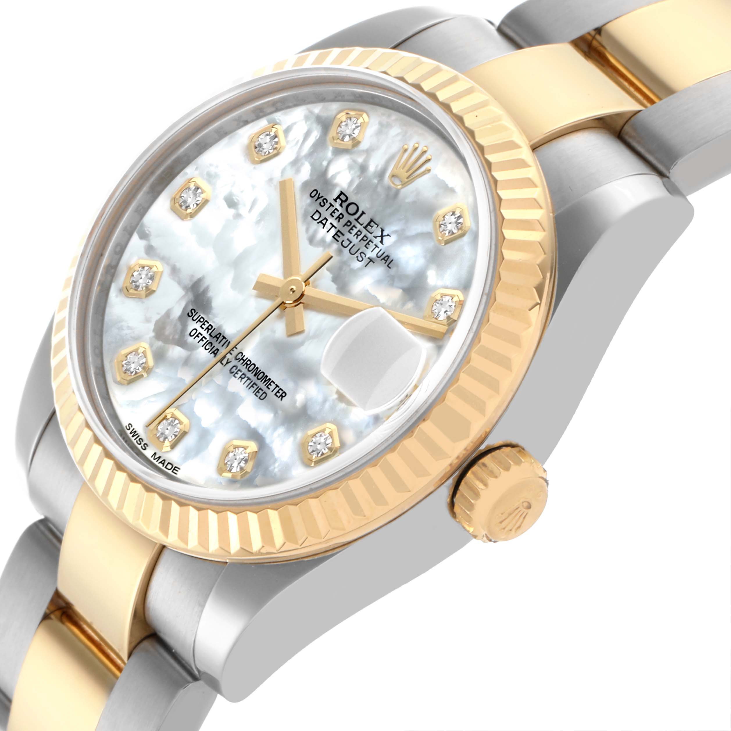 The Rolex Mid-Size 178273 Women's Steel and Gold (two tone) Mother of Pearl Dial 178273 Women's Steel and Gold (two tone) Mother of Pearl Dial model is shown at a side angle, featuring its bezel, dial, bracelet, and crown clearly.