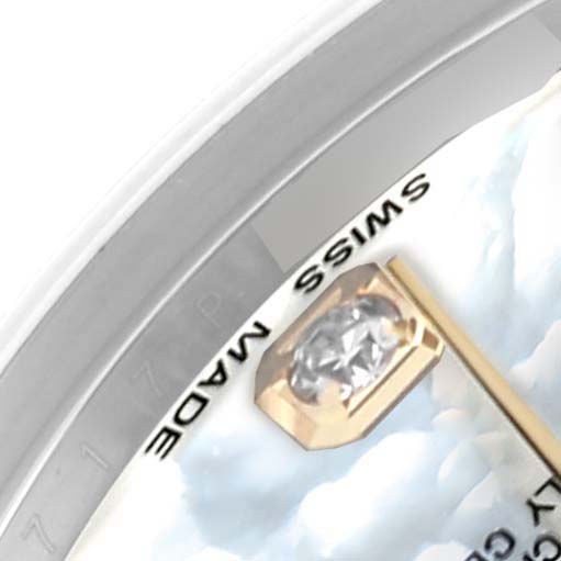 The image shows a close-up of a Rolex Mid-Size 178273 Women's Steel and Gold (two tone) Mother of Pearl Dial 178273 Women's Steel and Gold (two tone) Mother of Pearl Dial watch face, focusing on the dial, diamond accent, and part of the bezel.