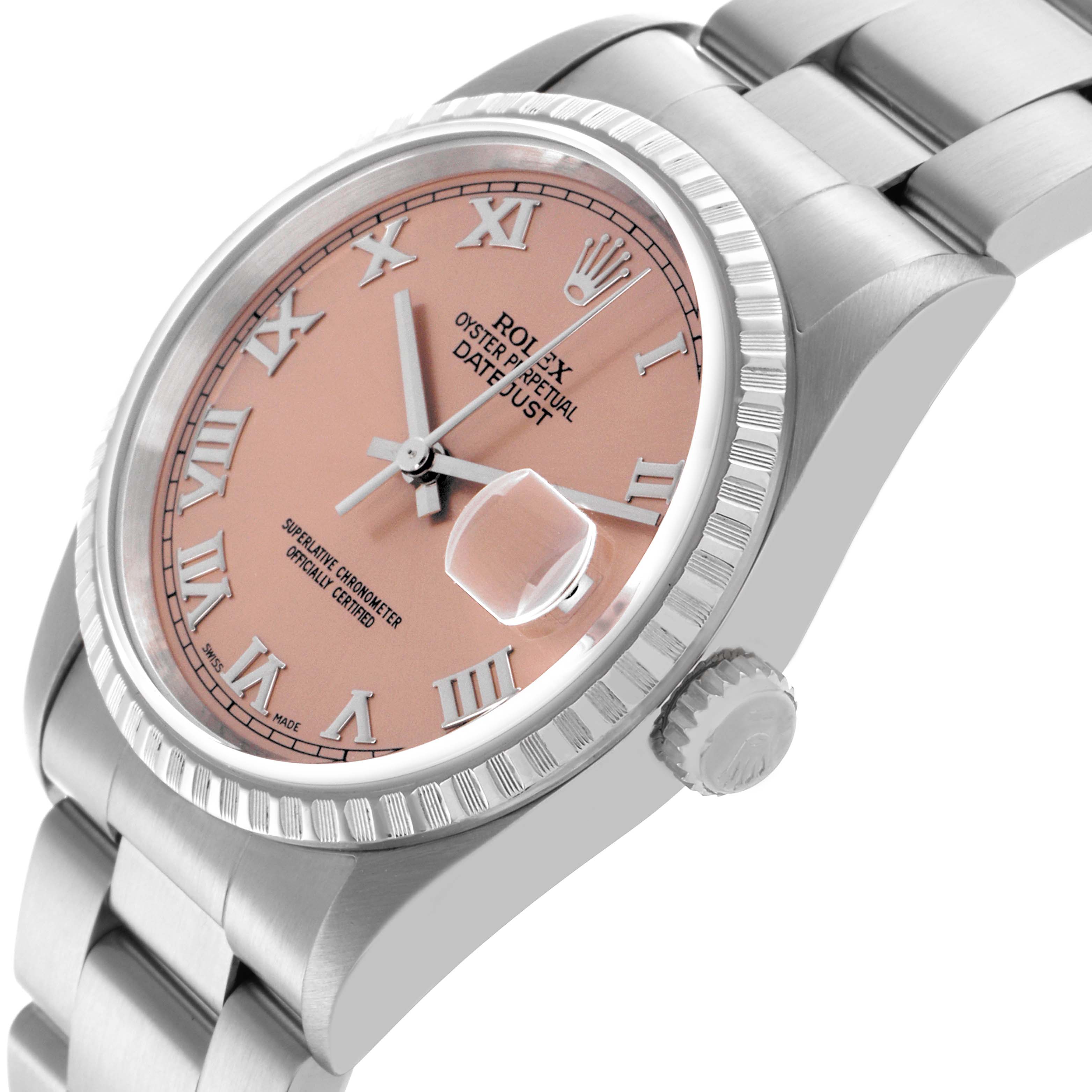 The Rolex Datejust 16220 Men's Stainless Steel Pink Dial 16220 Men's Stainless Steel Pink Dial watch is shown at a side angle, highlighting the dial, fluted bezel, and part of the bracelet.