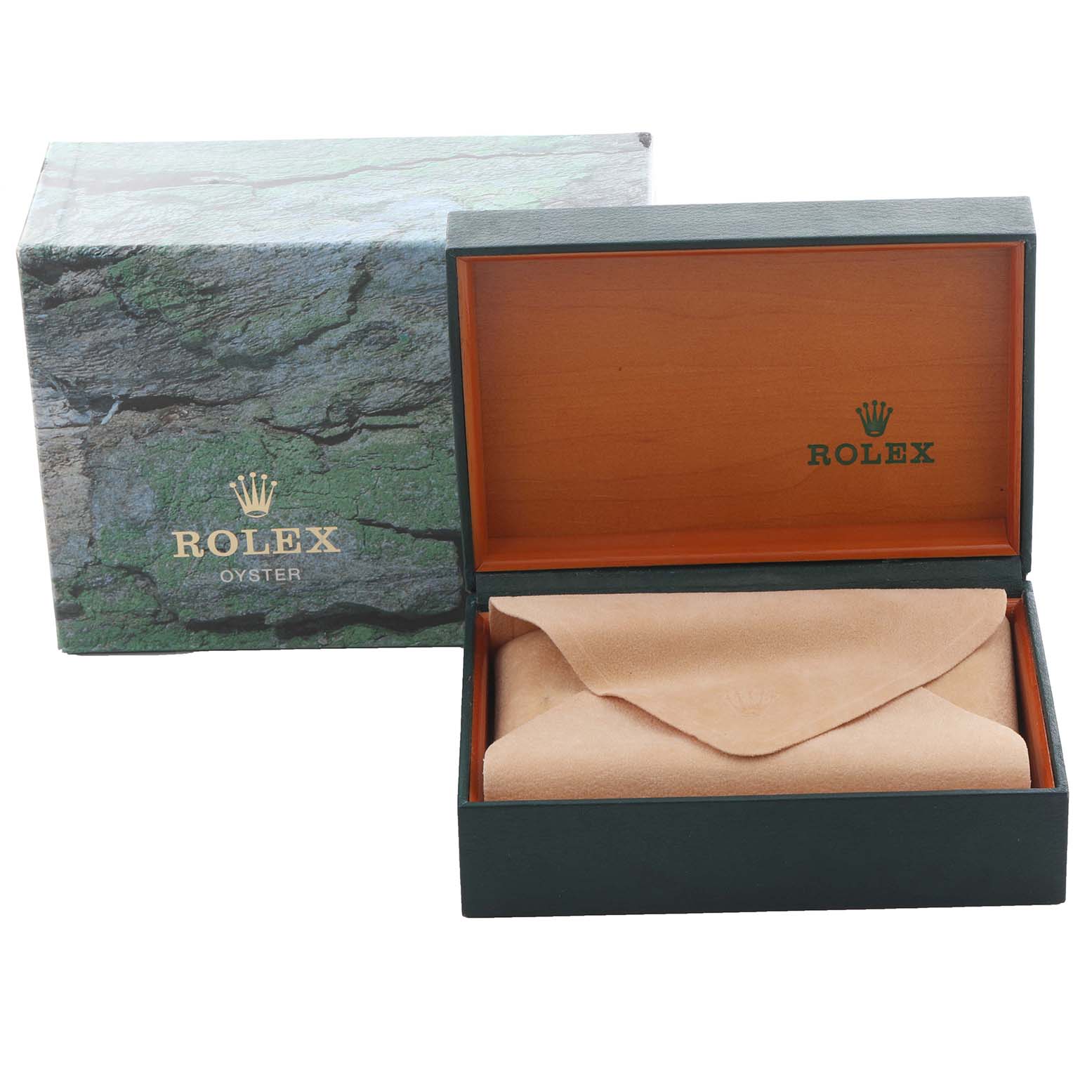 The image shows a Rolex Datejust 16220 Men's Stainless Steel Pink Dial 16220 Men's Stainless Steel Pink Dial box at an angle with an open lid and a suede pouch inside.