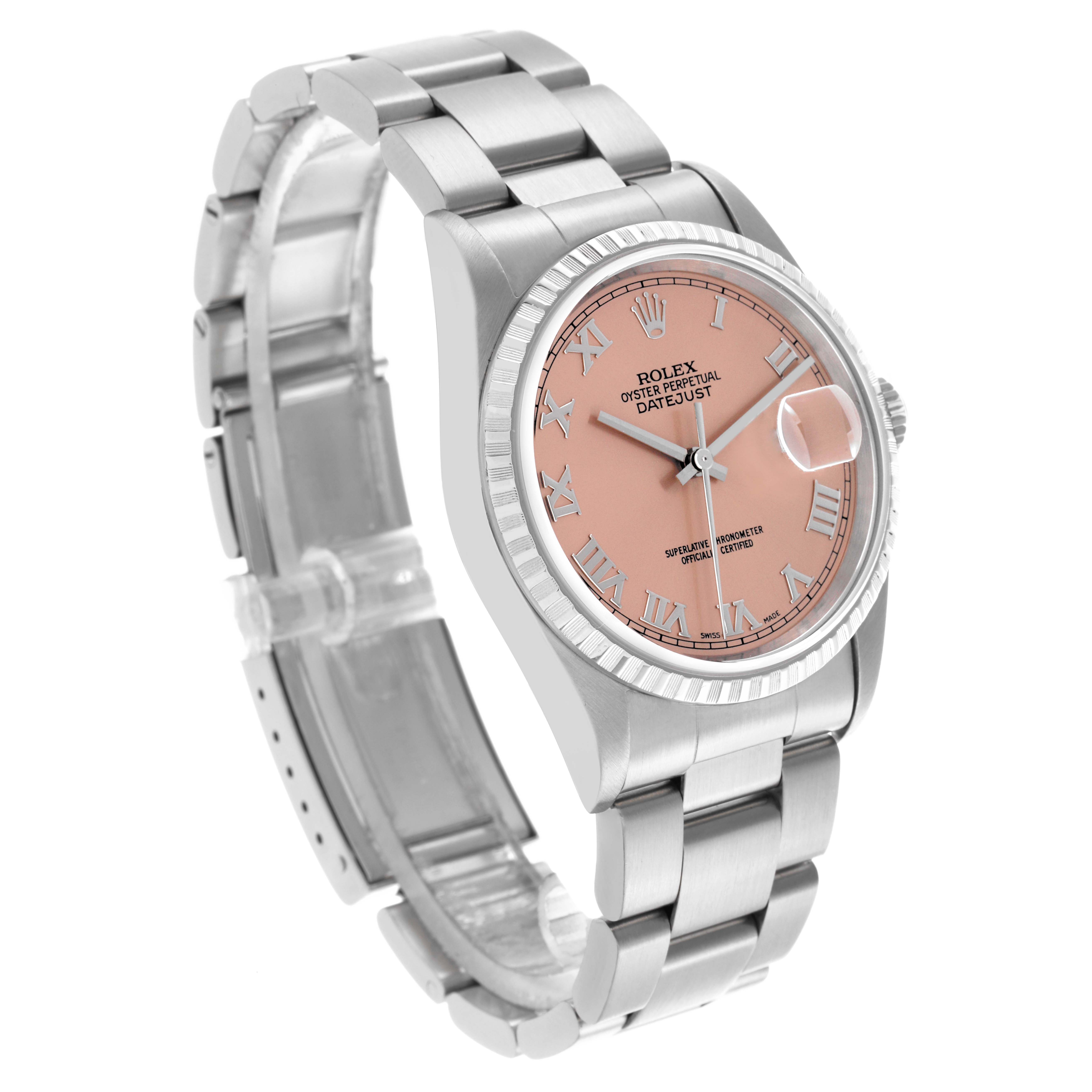 The Rolex Datejust 16220 Men's Stainless Steel Pink Dial 16220 Men's Stainless Steel Pink Dial watch is shown at a slight angle showcasing the dial, bezel, and bracelet.