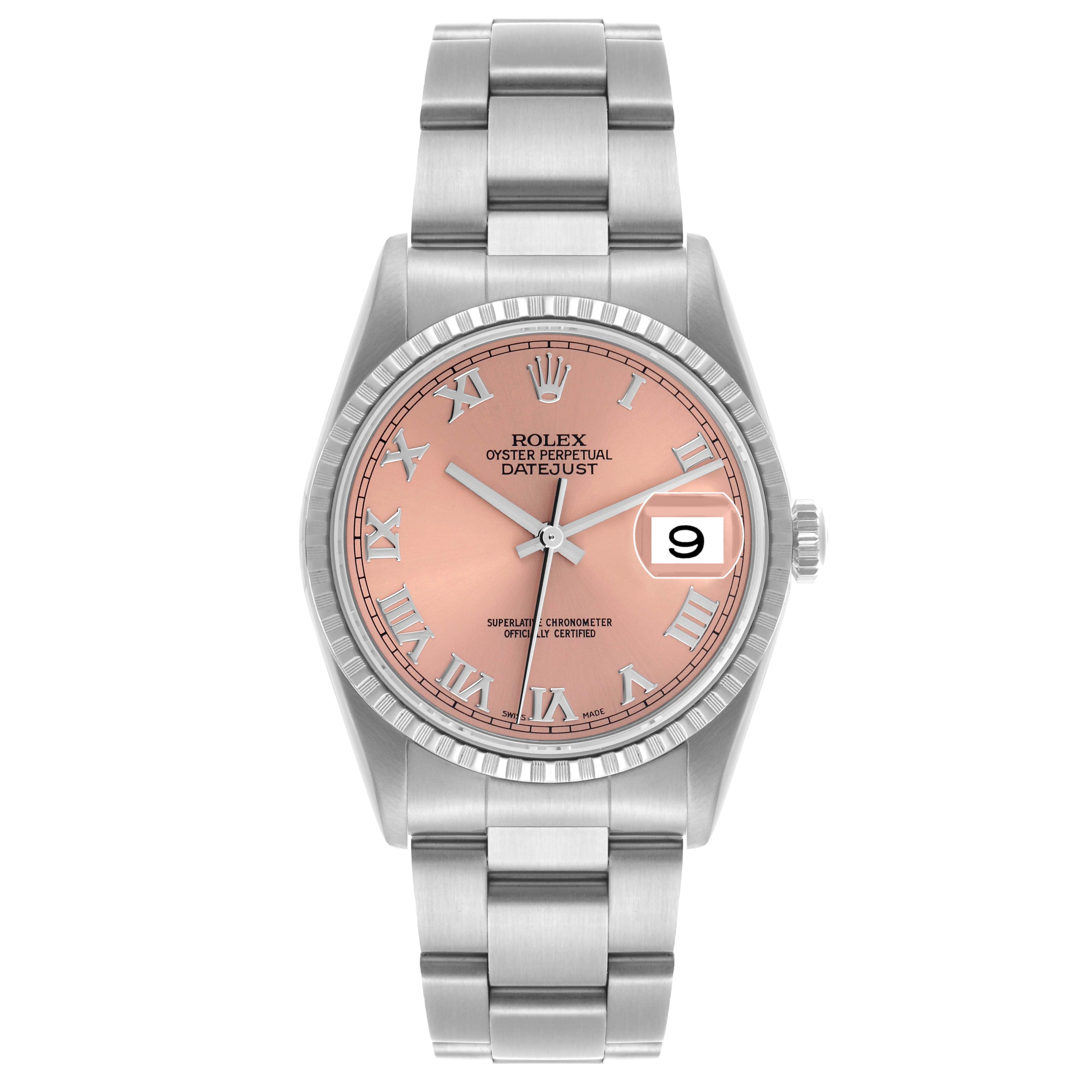 The Rolex Datejust 16220 Men's Stainless Steel Pink Dial 16220 Men's Stainless Steel Pink Dial watch is shown from a front angle, displaying the face, bezel, crown, and full bracelet.