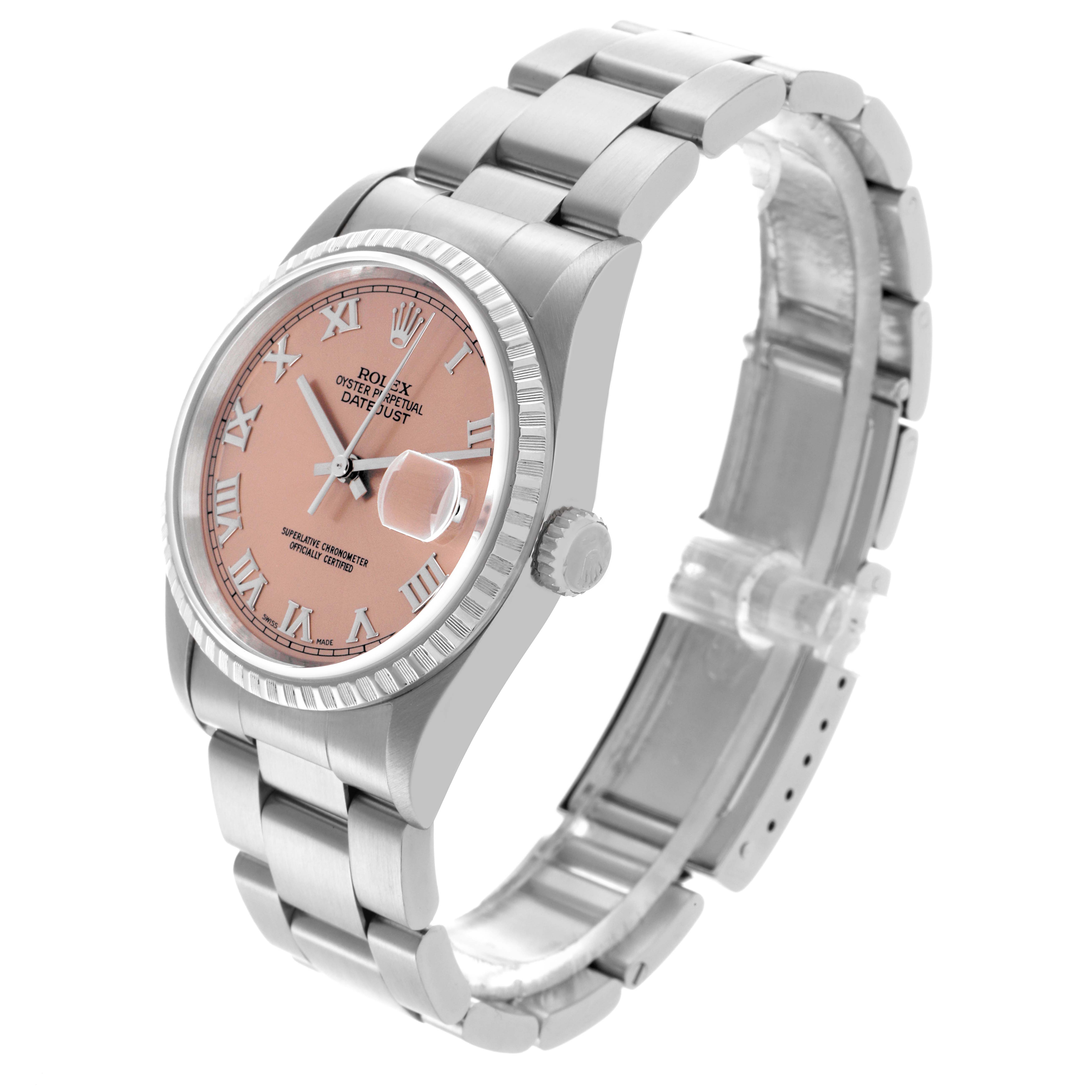 The Rolex Datejust 16220 Men's Stainless Steel Pink Dial 16220 Men's Stainless Steel Pink Dial watch is shown at a slight angle, highlighting the face, bracelet, and detailing on the bezel.