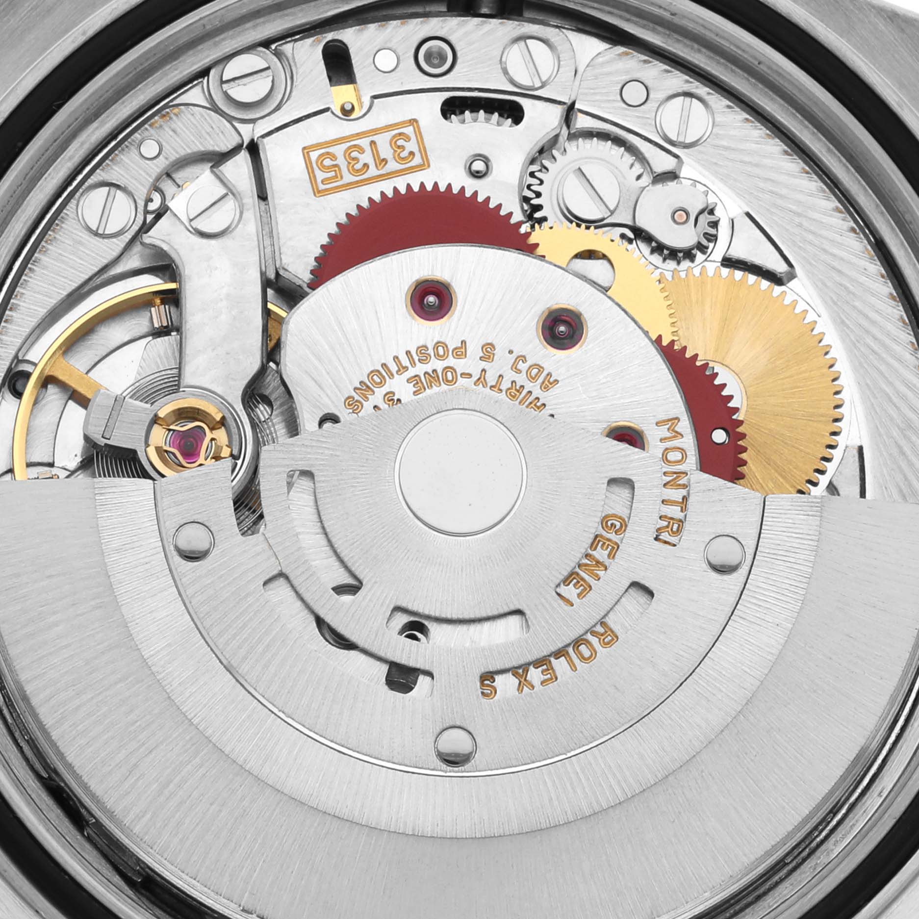 The image shows the Rolex Datejust 16220 Men's Stainless Steel Pink Dial 16220 Men's Stainless Steel Pink Dial watch's internal mechanism, focusing on gears and the rotor from a top view.