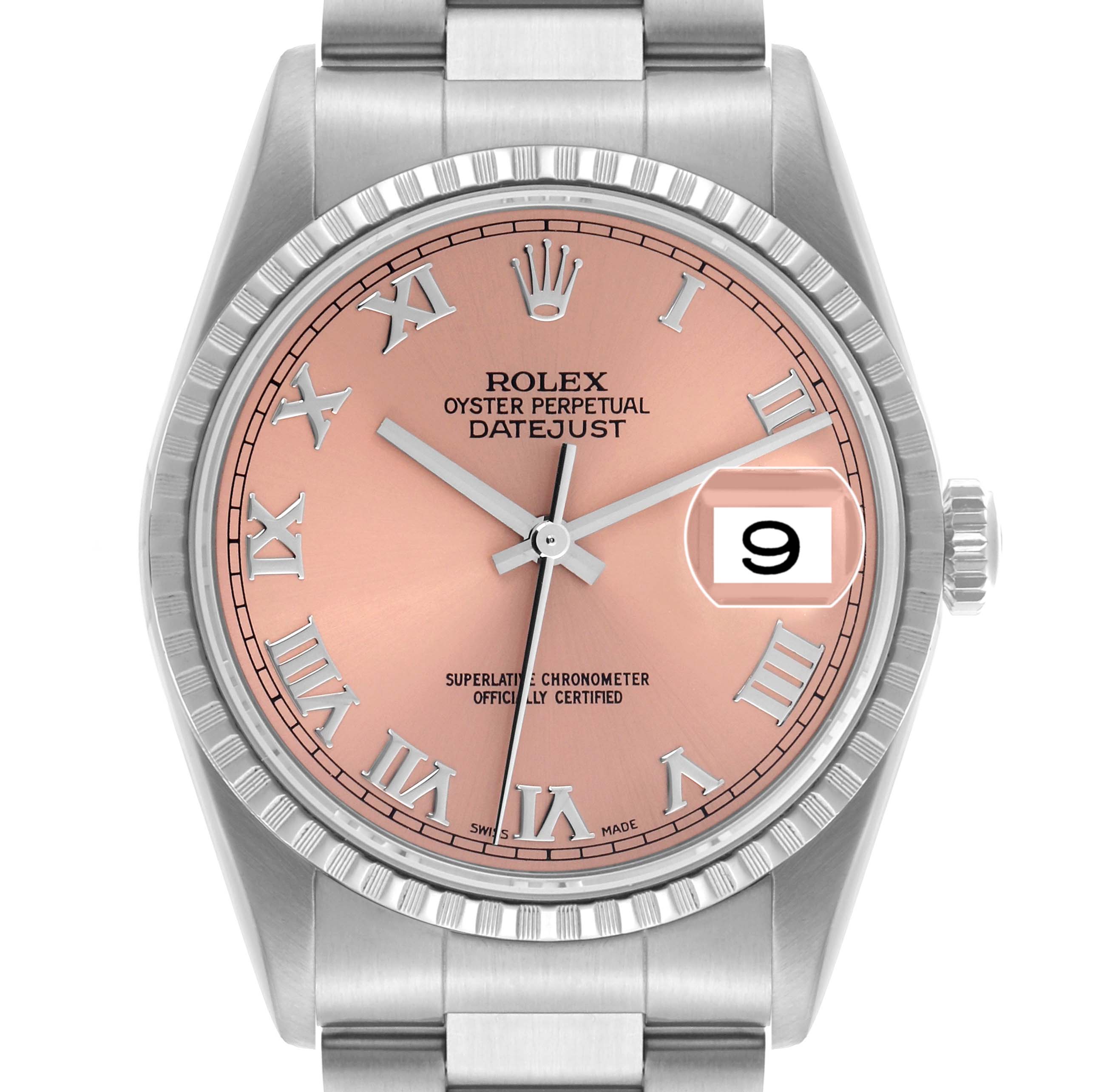 The Rolex Datejust 16220 Men's Stainless Steel Pink Dial 16220 Men's Stainless Steel Pink Dial watch is shown from a top-down angle, featuring the dial, bezel, date window, and part of the bracelet.