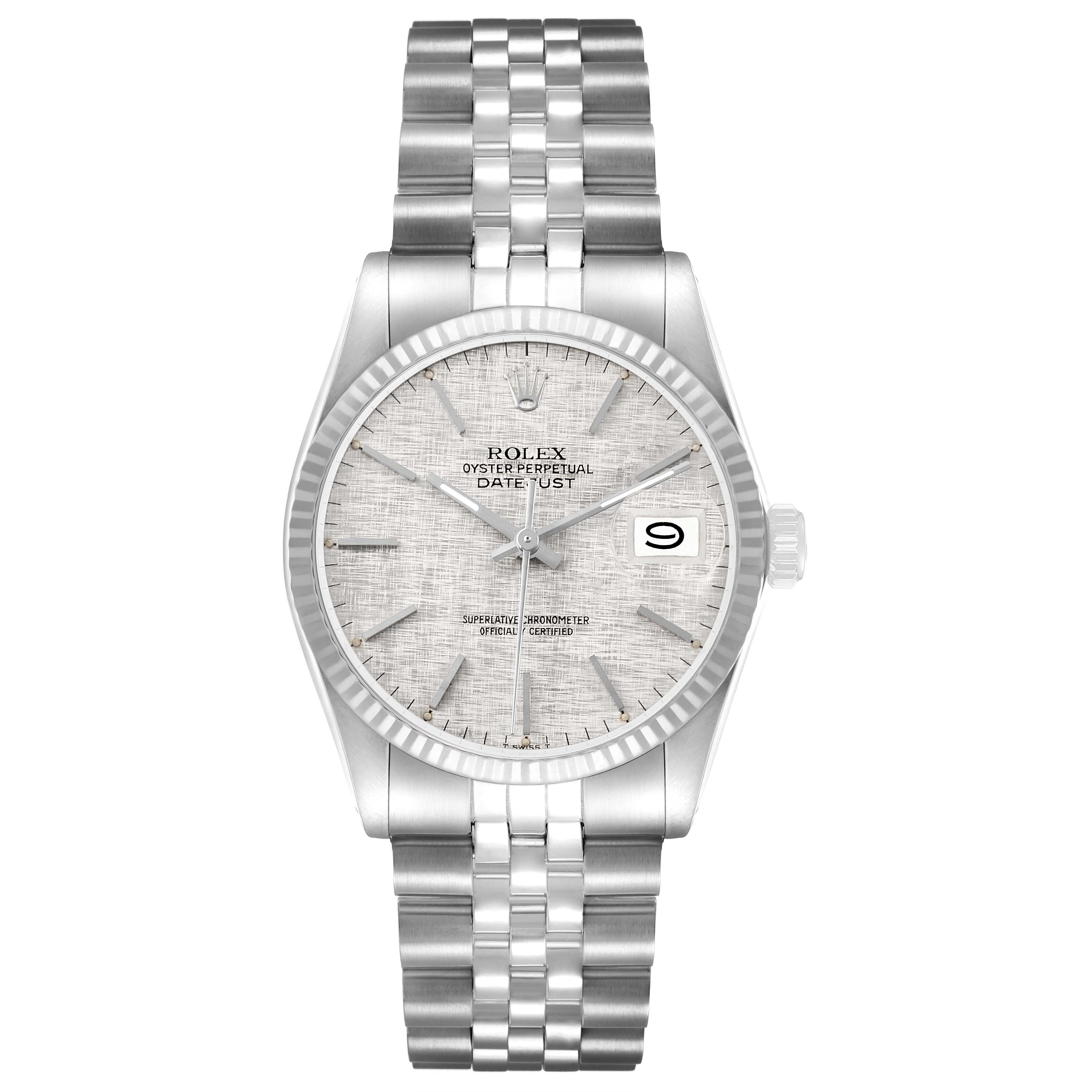 The Rolex Vintage Collection 16014 Men's Stainless Steel Silver Dial watch is shown in a frontal view, displaying its dial, date window, and bracelet.