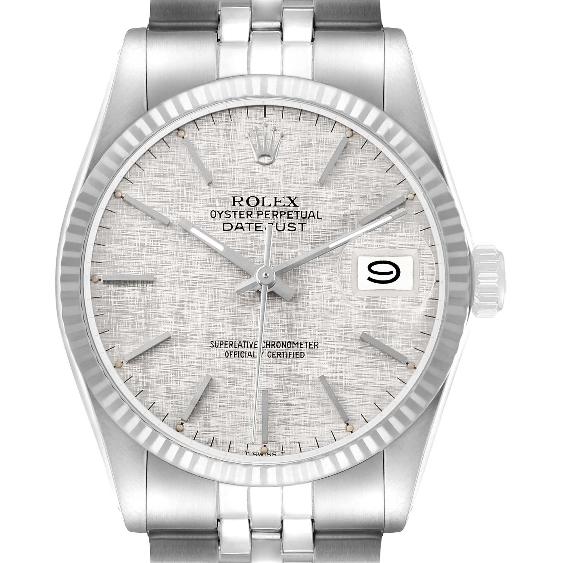 The Rolex Vintage Collection 16014 Men's Stainless Steel Silver Dial model is shown from a front angle, highlighting the dial, bezel, hour markers, hands, and date window.