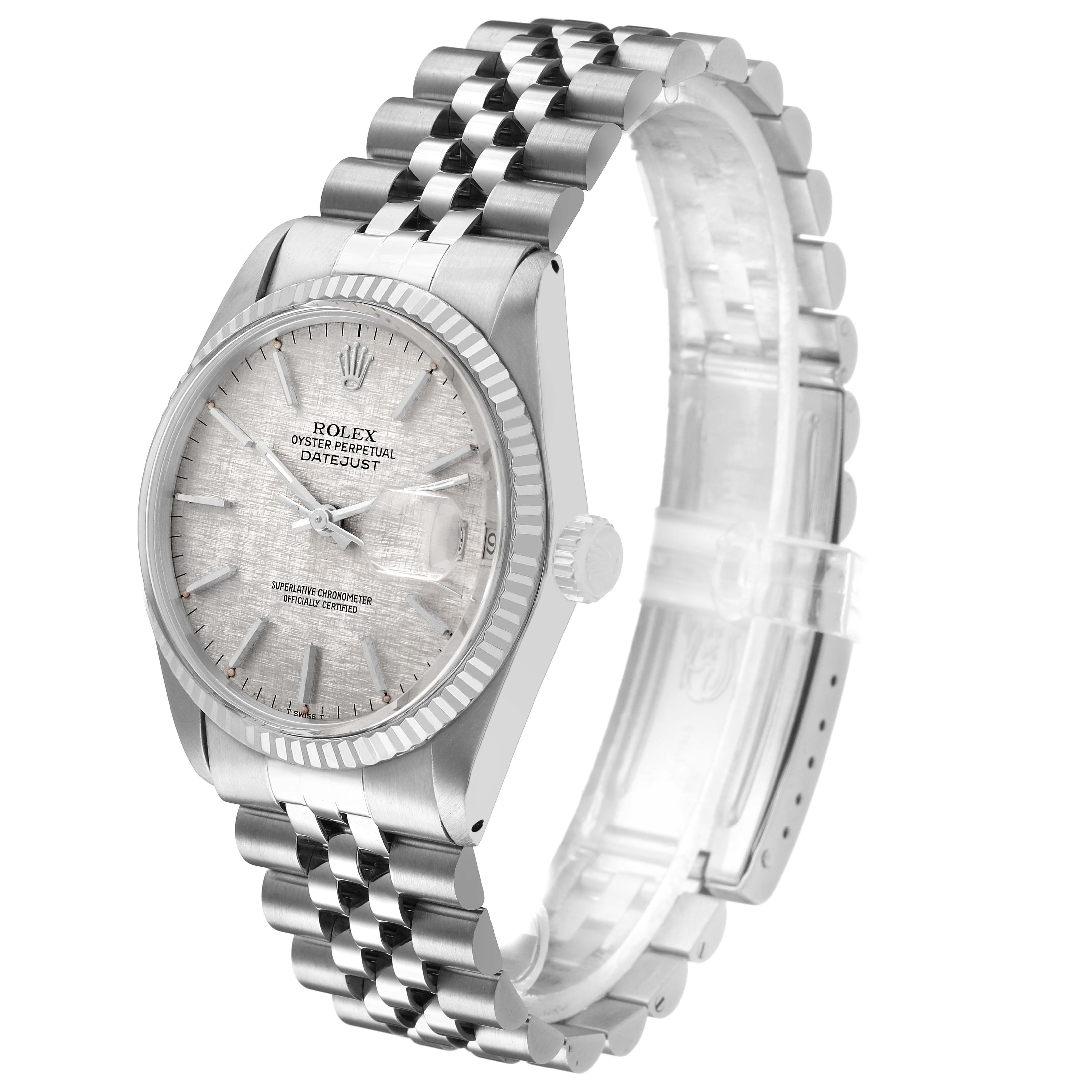 The Rolex Vintage Collection 16014 Men's Stainless Steel Silver Dial watch is shown at a three-quarter angle, displaying its textured dial, fluted bezel, and Jubilee bracelet.