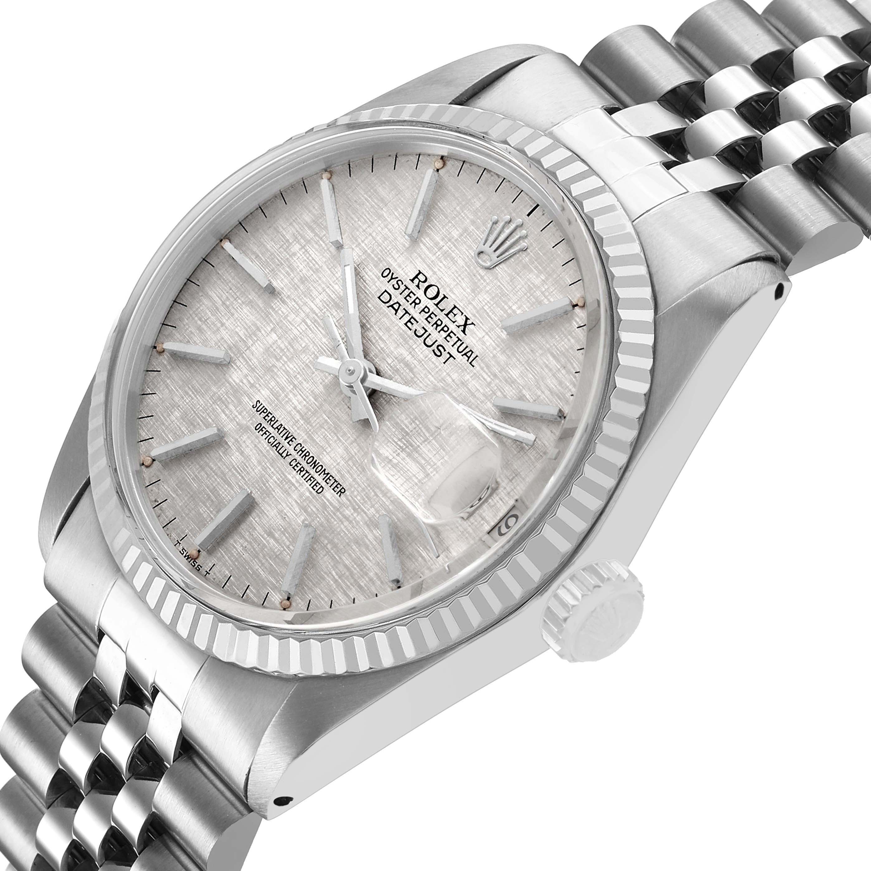 The Rolex Vintage Collection 16014 Men's Stainless Steel Silver Dial model is shown from an angled view, highlighting the dial, fluted bezel, crown, and part of the bracelet.