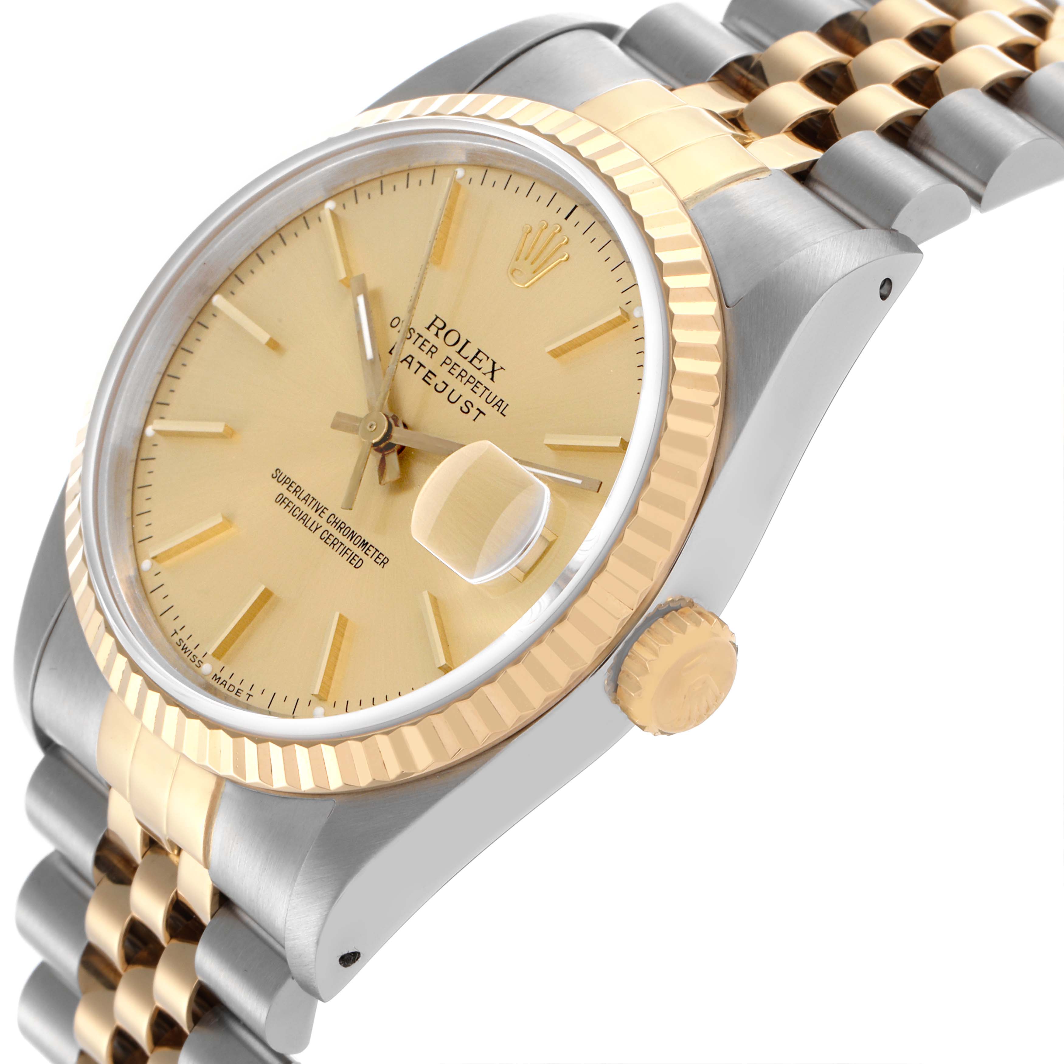 The Rolex Datejust 16233 Men's Steel and Gold (two tone) Champagne Dial 16233 Men's Steel and Gold (two tone) Champagne Dial watch is shown from a three-quarter angle, highlighting the dial, crown, and two-tone bracelet.