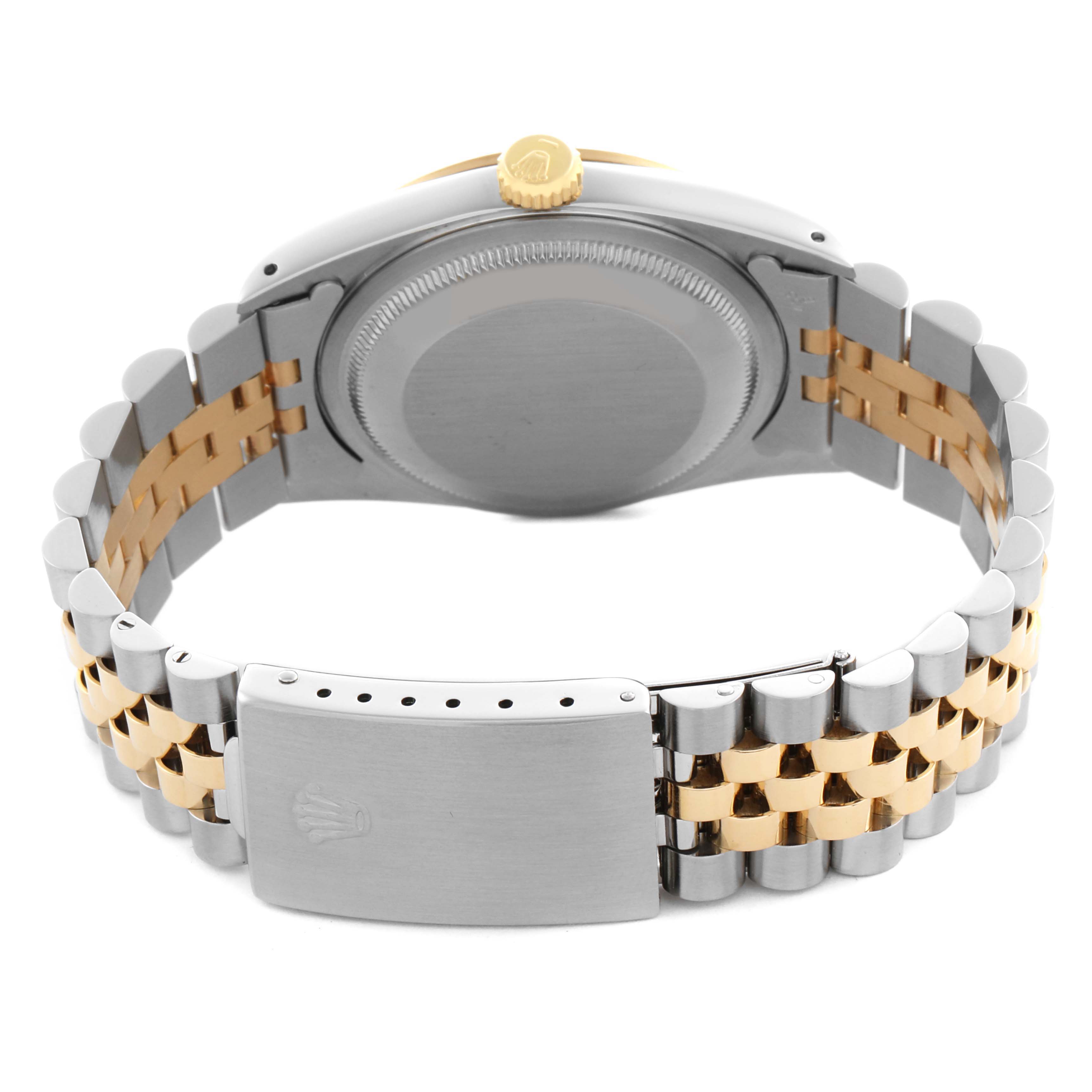 The image shows the back view of a Rolex Datejust 16233 Men's Steel and Gold (two tone) Champagne Dial 16233 Men's Steel and Gold (two tone) Champagne Dial, highlighting the bracelet, clasp, and case back.