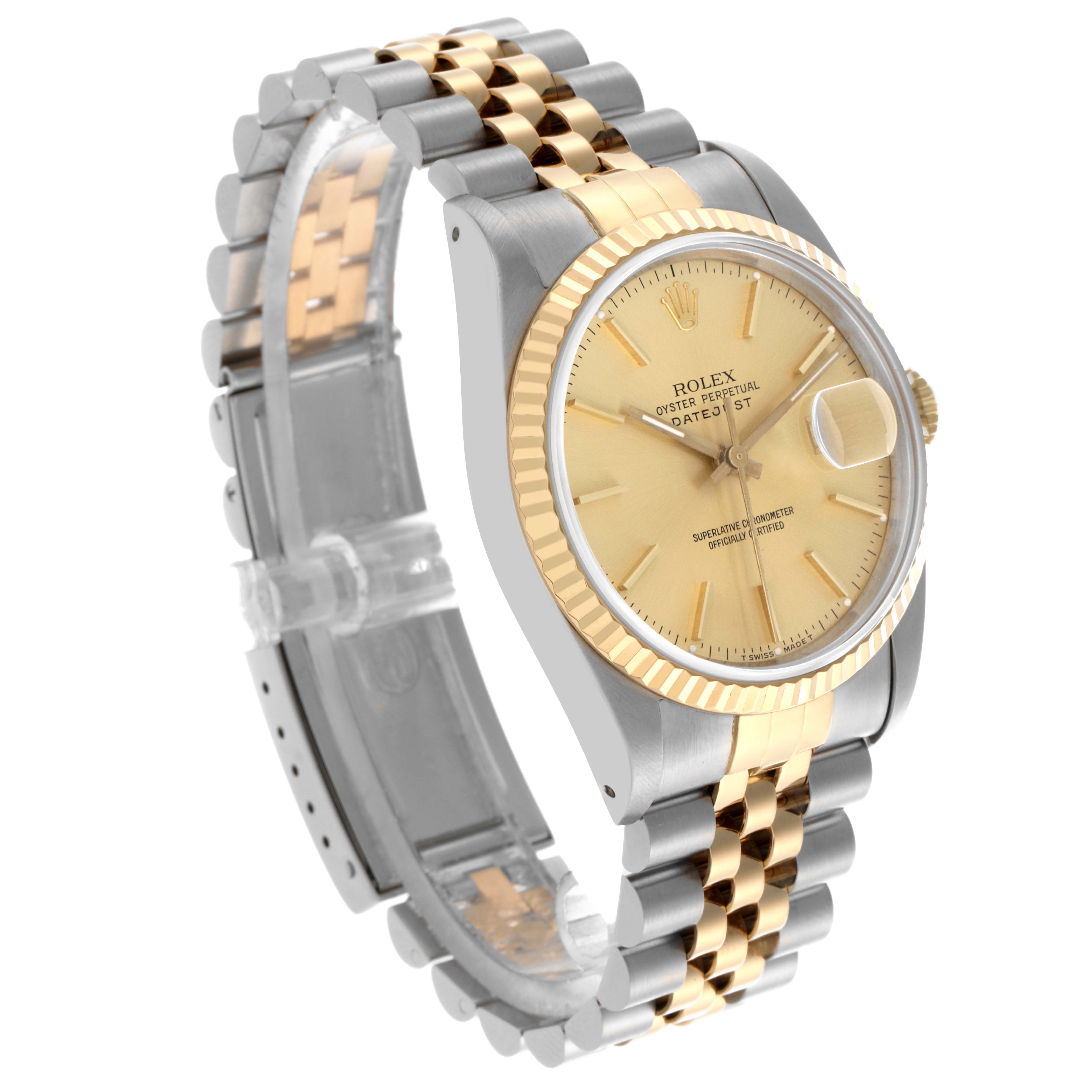 The Rolex Datejust 16233 Men's Steel and Gold (two tone) Champagne Dial 16233 Men's Steel and Gold (two tone) Champagne Dial watch is shown from a three-quarter angle, displaying the dial, bezel, and jubilee bracelet.