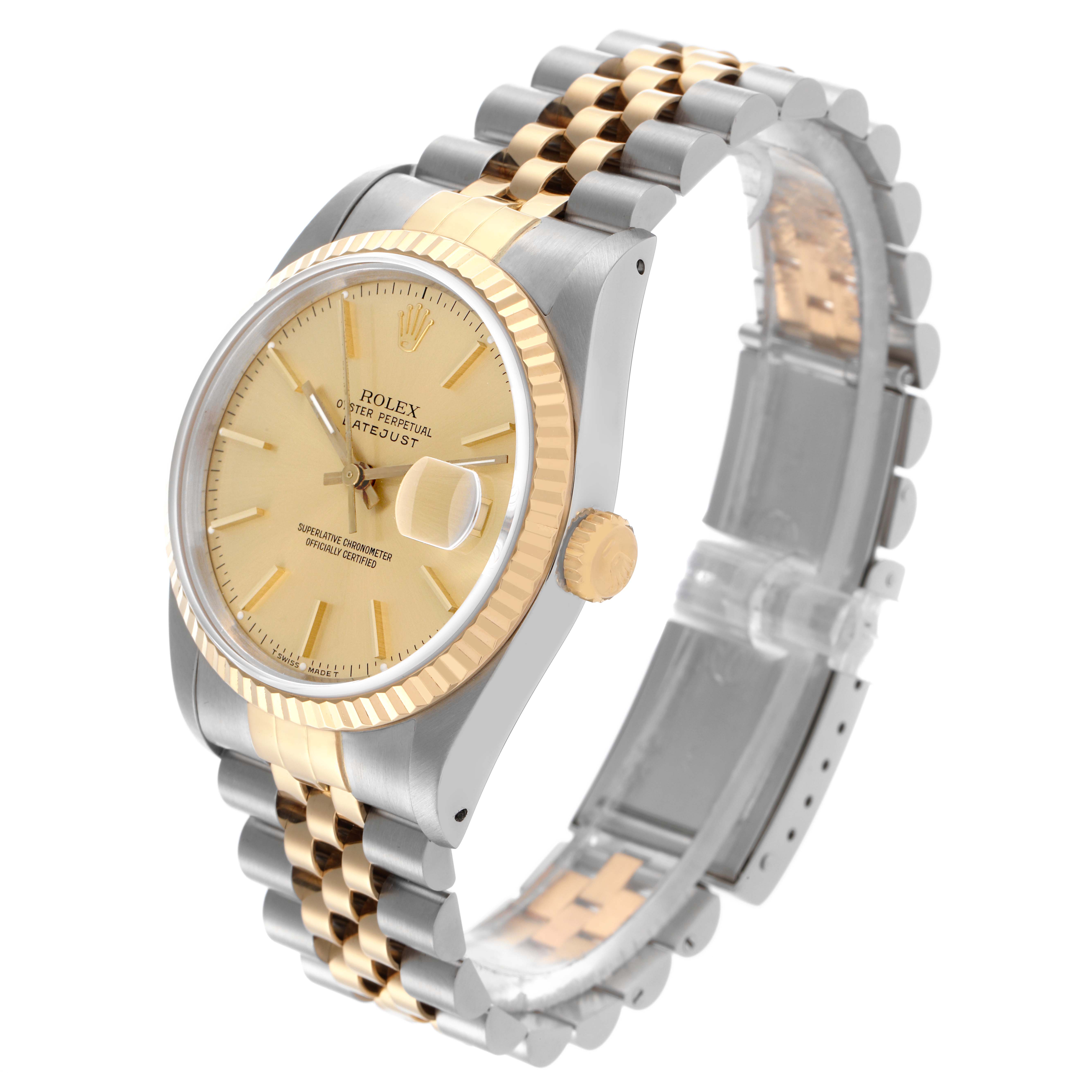 The Rolex Datejust 16233 Men's Steel and Gold (two tone) Champagne Dial 16233 Men's Steel and Gold (two tone) Champagne Dial watch is shown at a three-quarter angle, highlighting the gold and silver bracelet, bezel, and face.