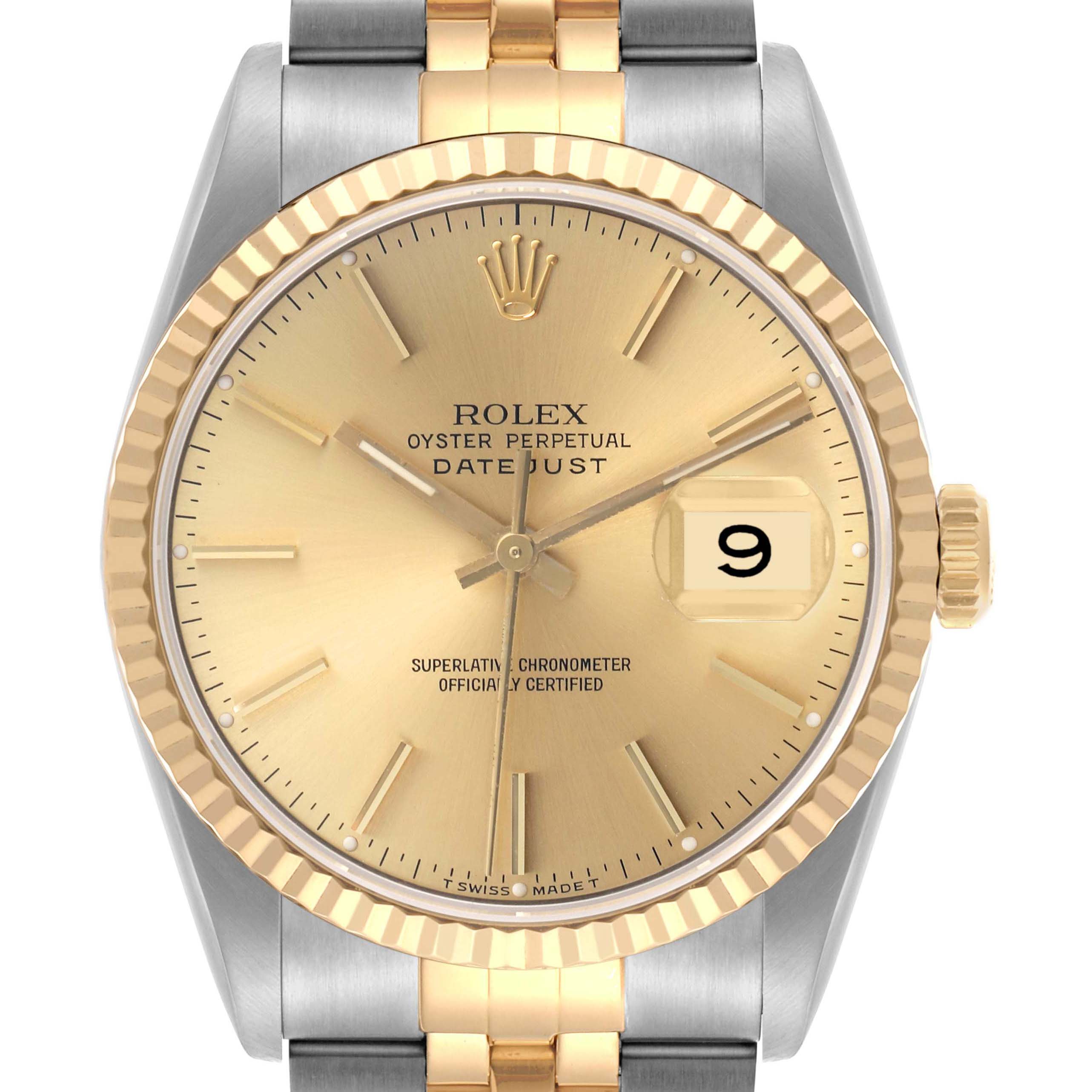 The Rolex Datejust 16233 Men's Steel and Gold (two tone) Champagne Dial 16233 Men's Steel and Gold (two tone) Champagne Dial watch is shown from a front view, highlighting the dial, bezel, crown, and bracelet.