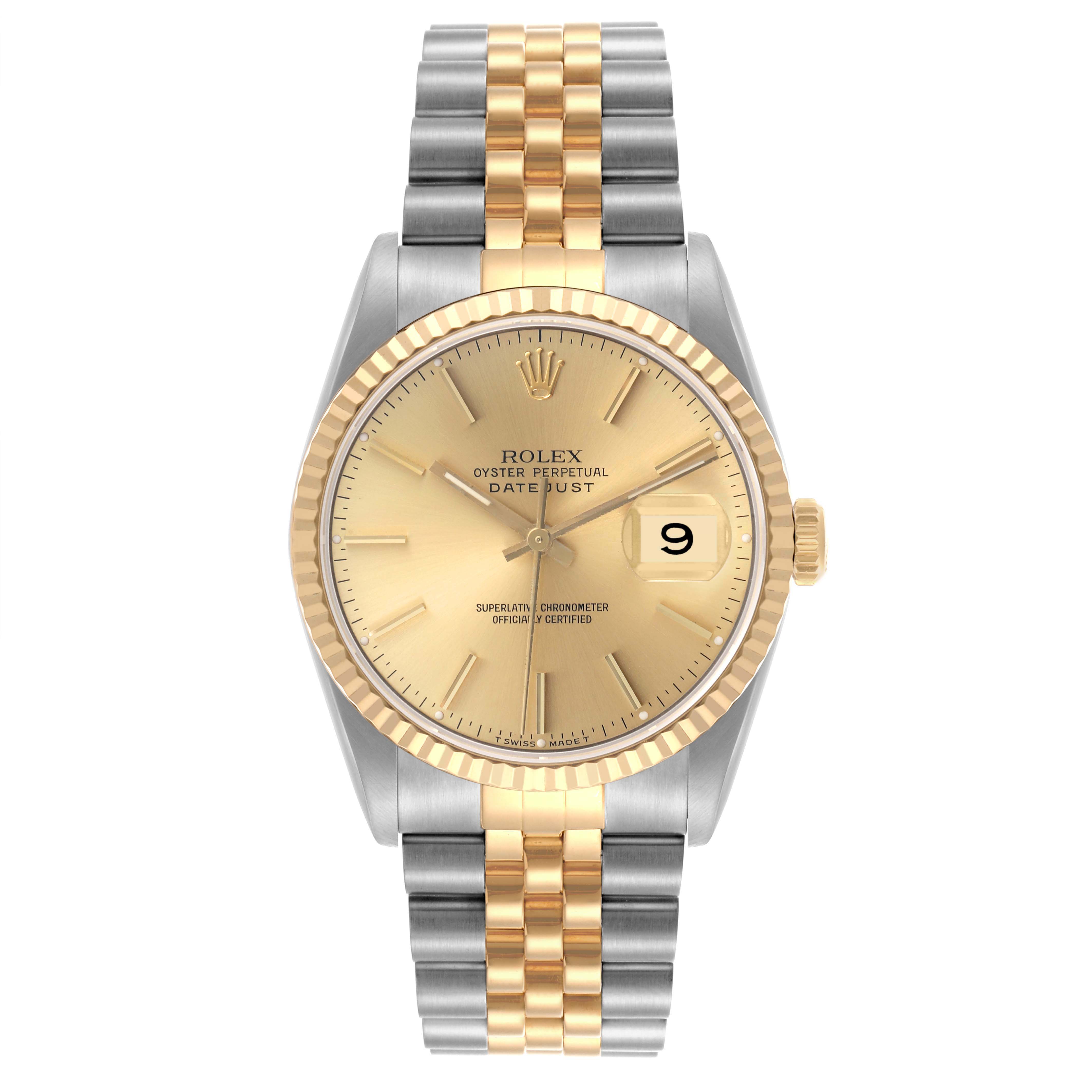 The Rolex Datejust 16233 Men's Steel and Gold (two tone) Champagne Dial 16233 Men's Steel and Gold (two tone) Champagne Dial watch is shown from a front view, displaying the dial, bezel, and two-tone bracelet.