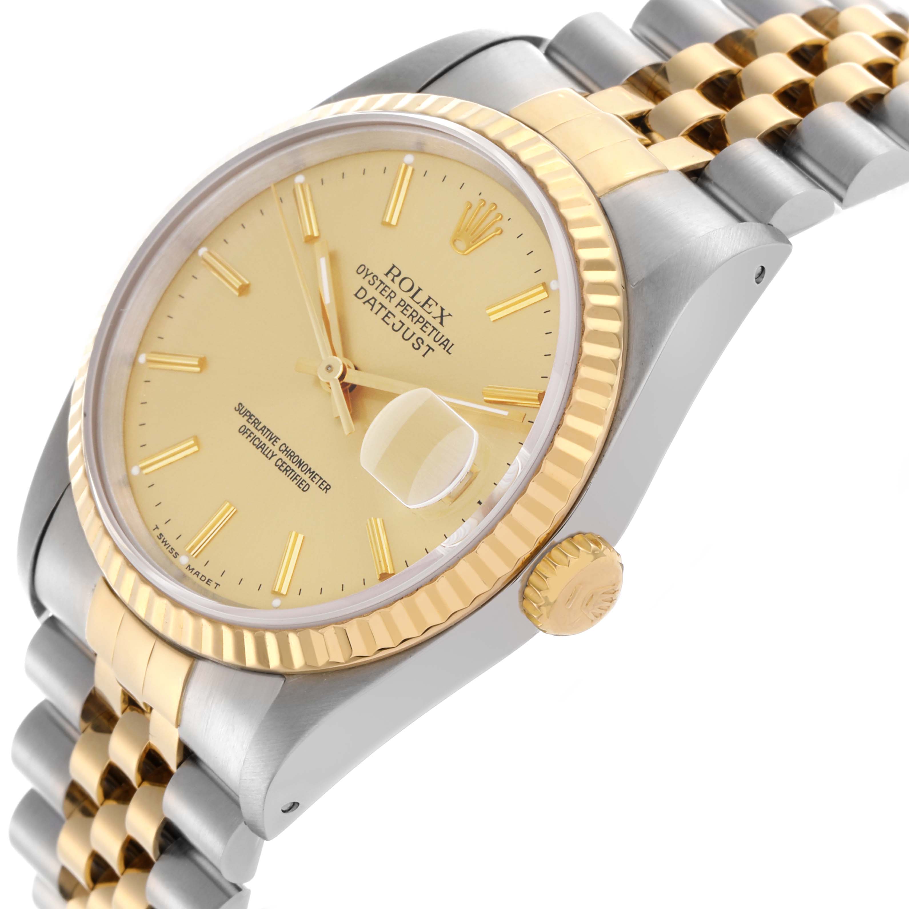 This image shows a side angle of the Rolex Datejust 16233 Men's Steel and Gold (two tone) Champagne Dial 16233 Men's Steel and Gold (two tone) Champagne Dial, highlighting the dial, bezel, crown, and bracelet.