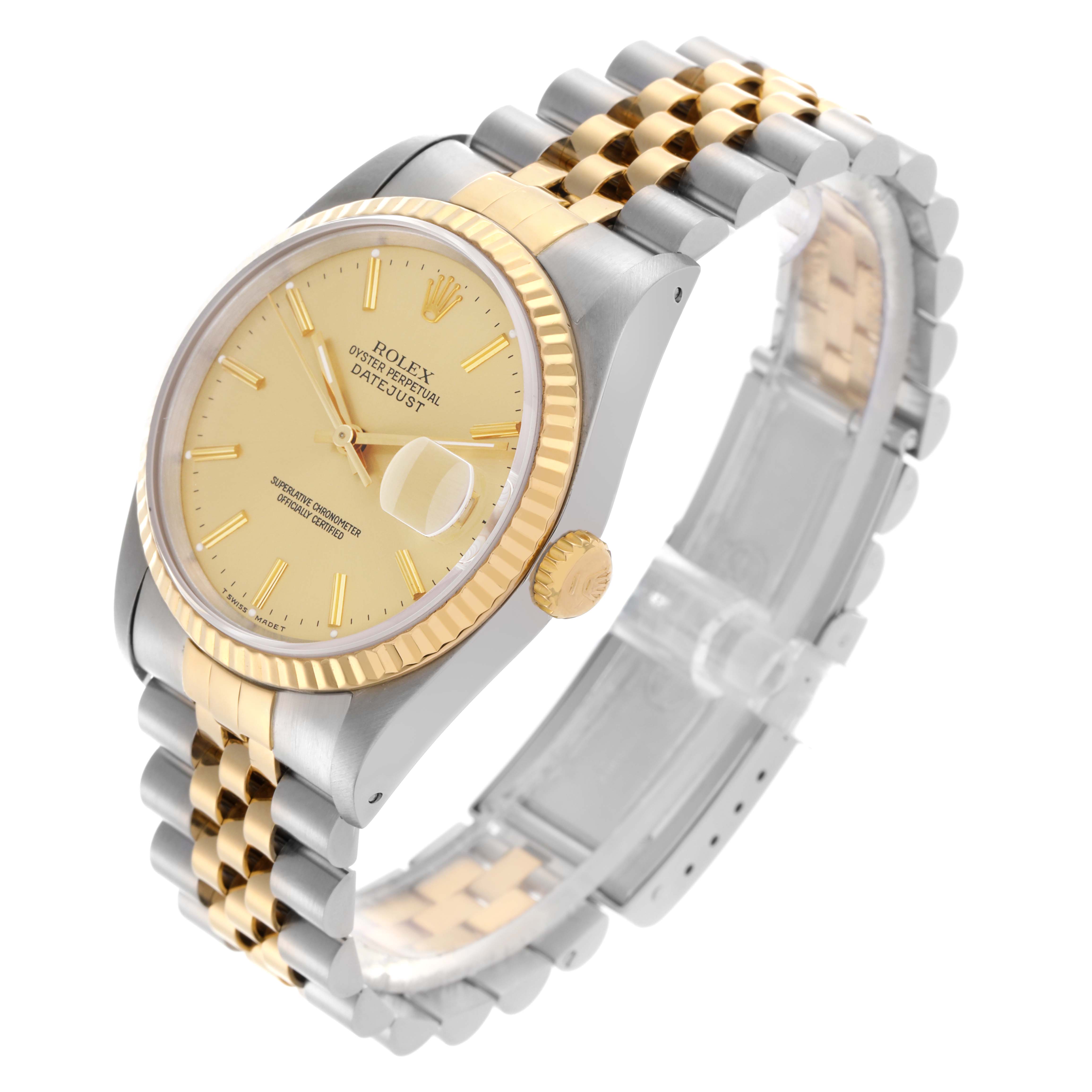 The Rolex Datejust 16233 Men's Steel and Gold (two tone) Champagne Dial 16233 Men's Steel and Gold (two tone) Champagne Dial watch is shown at a three-quarter angle, highlighting the dial, bezel, crown, and two-tone bracelet.