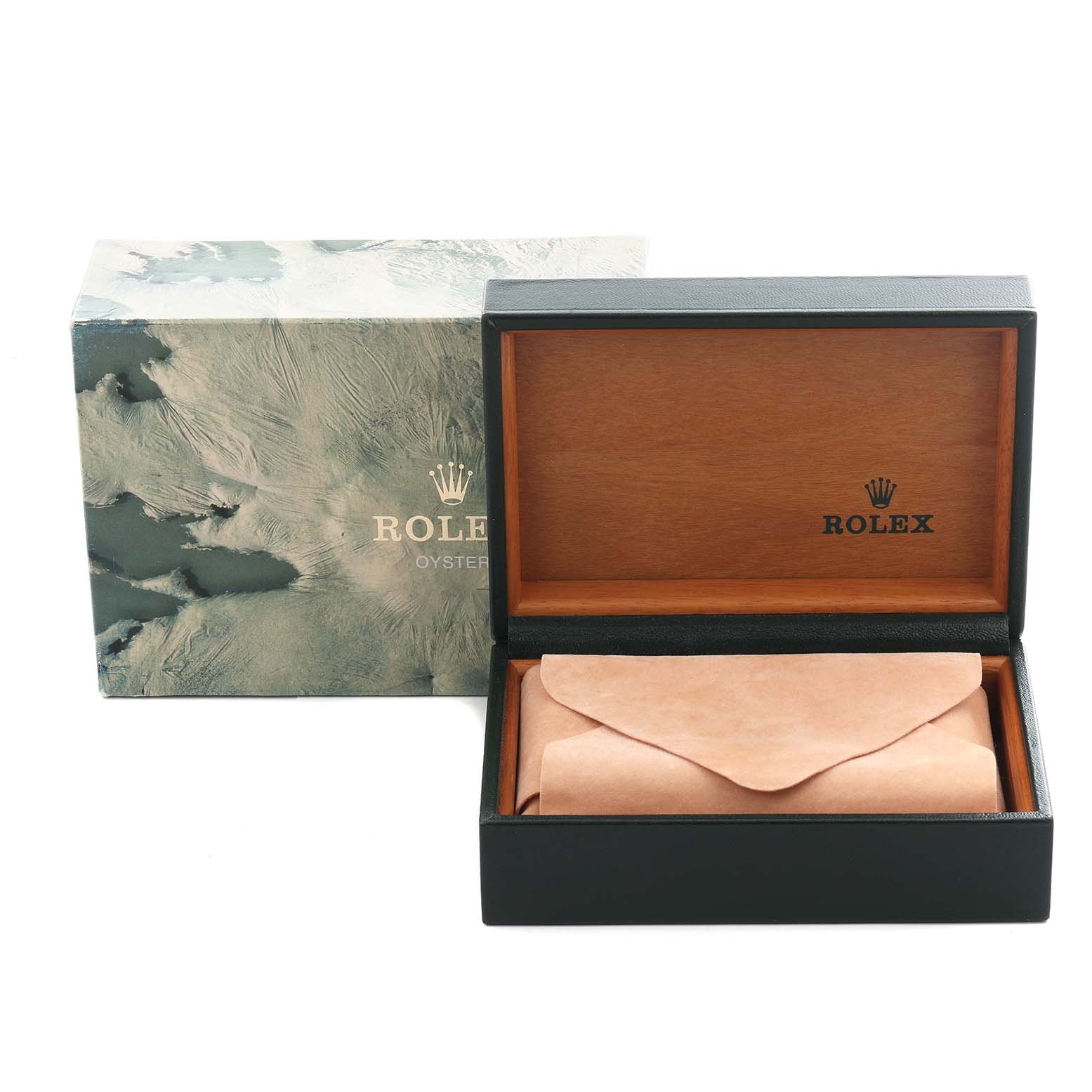 The image shows a Rolex Datejust 16233 Men's Steel and Gold (two tone) Champagne Dial 16233 Men's Steel and Gold (two tone) Champagne Dial box at an angle, with an outer case and an inner leather pouch visible.