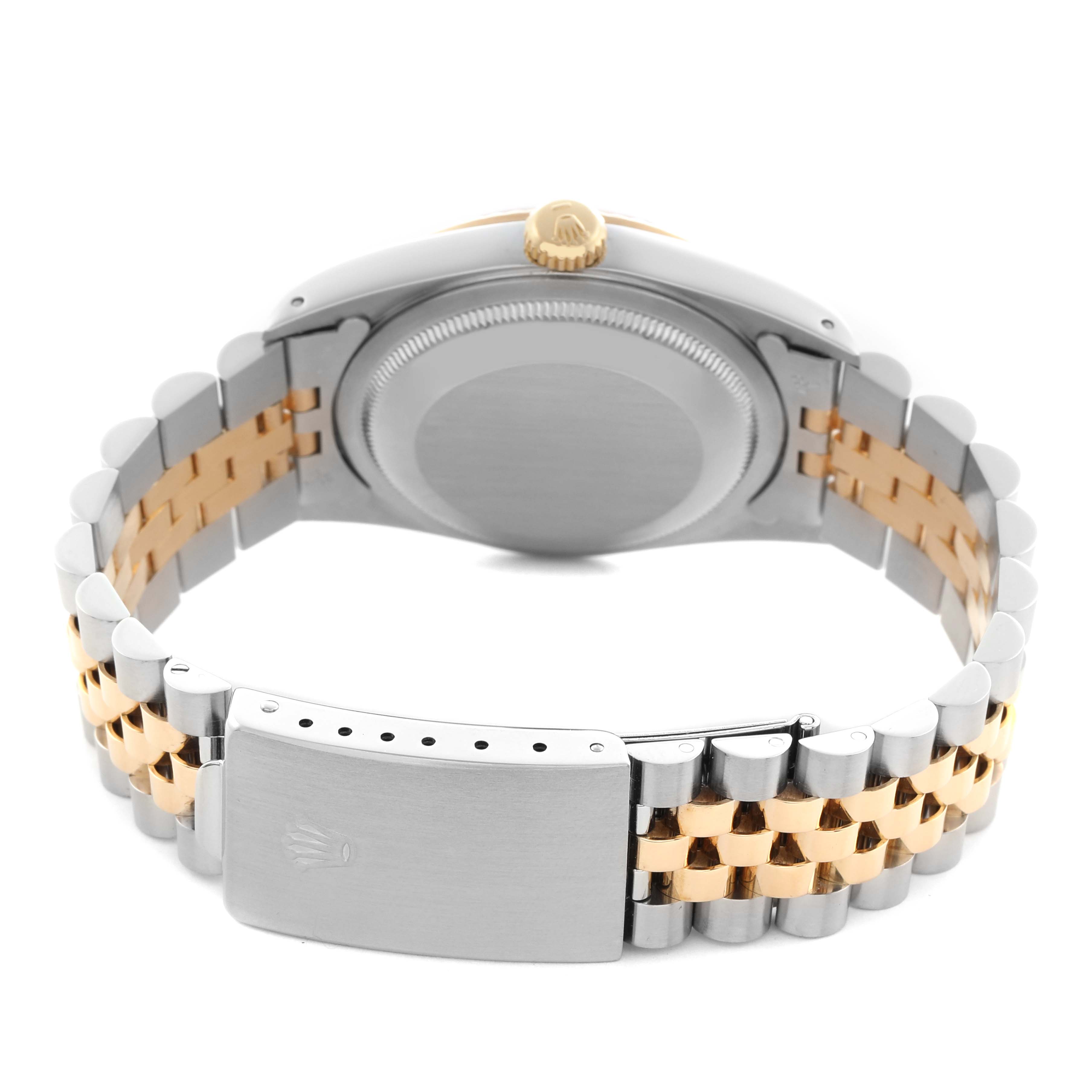 The image shows the back of a Rolex Datejust 16233 Men's Steel and Gold (two tone) Champagne Dial 16233 Men's Steel and Gold (two tone) Champagne Dial, highlighting the case, crown, and two-tone Jubilee bracelet with clasp.