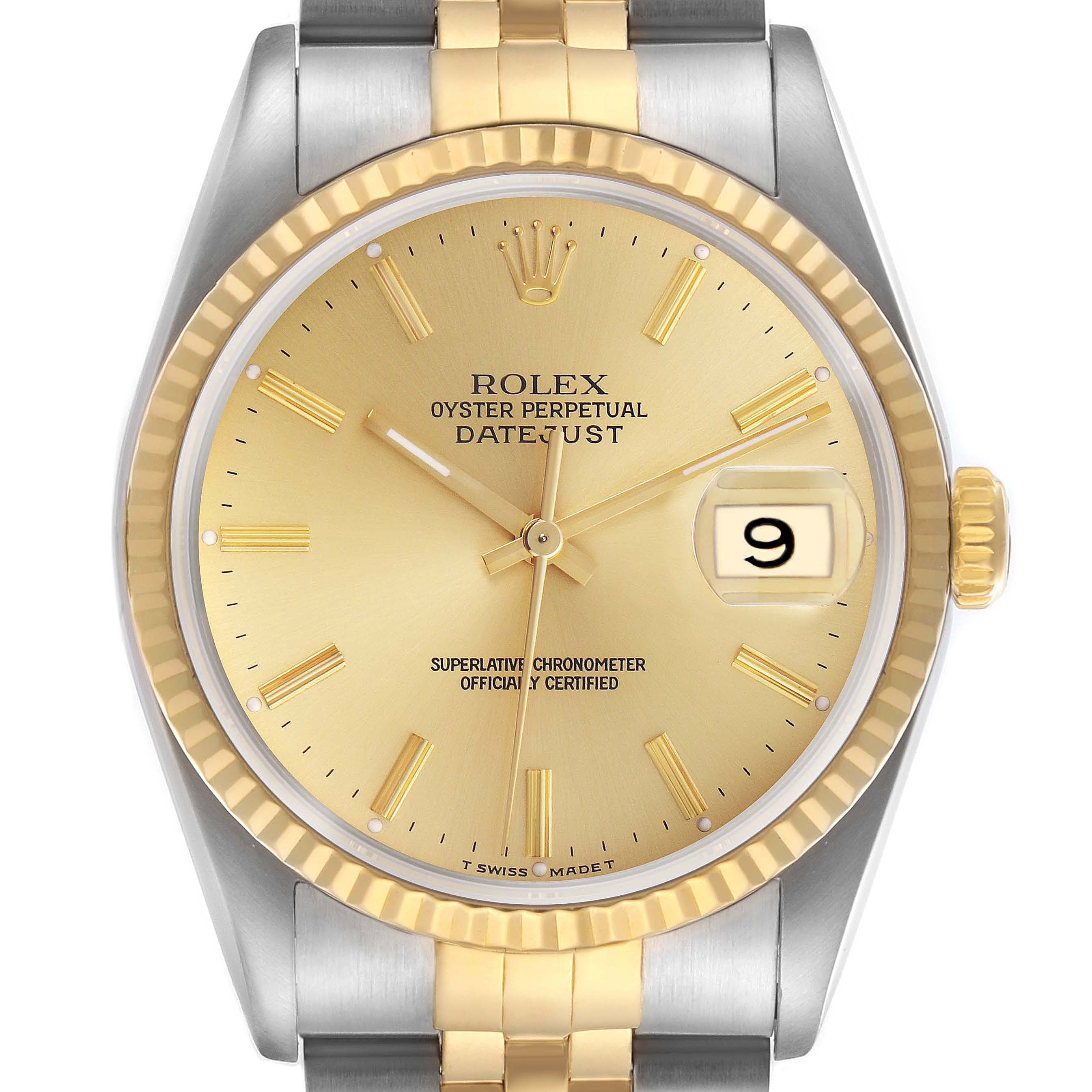 The Rolex Datejust 16233 Men's Steel and Gold (two tone) Champagne Dial 16233 Men's Steel and Gold (two tone) Champagne Dial watch is shown from a front angle, highlighting the dial, fluted bezel, and part of the bracelet.