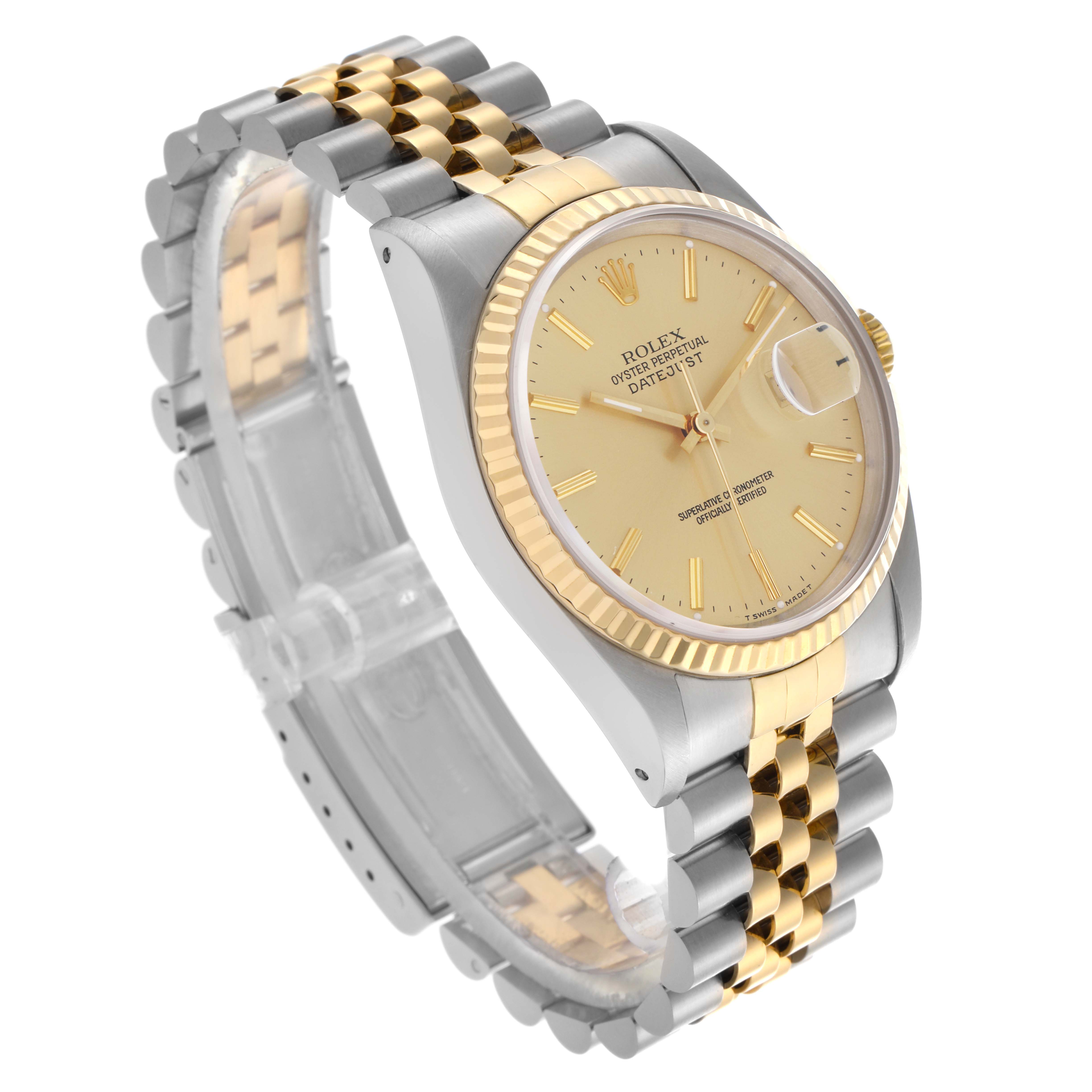 The Rolex Datejust 16233 Men's Steel and Gold (two tone) Champagne Dial 16233 Men's Steel and Gold (two tone) Champagne Dial watch is shown at a three-quarter angle, highlighting its stainless steel and gold bracelet, fluted bezel, and champagne dial.
