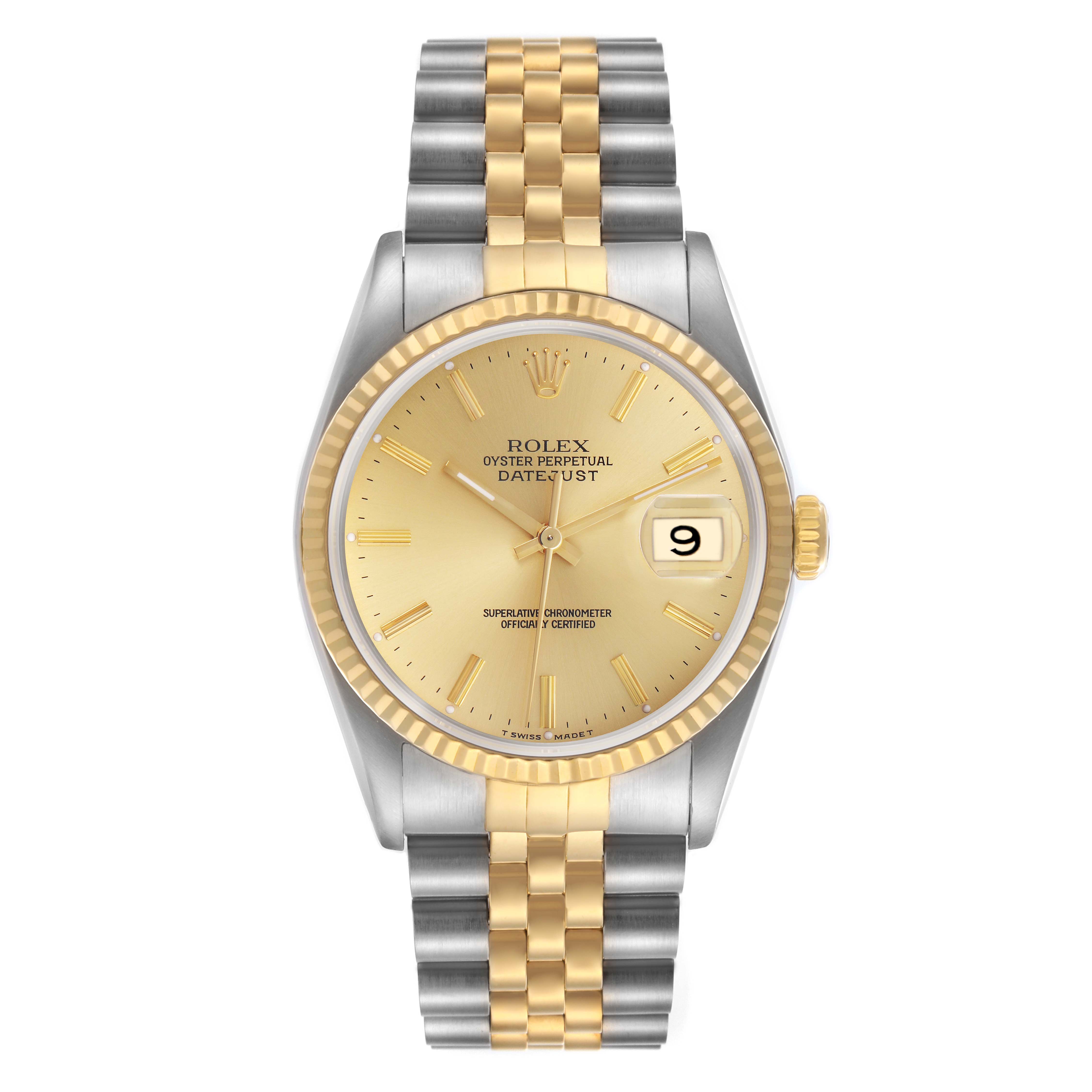 The image shows a Rolex Datejust 16233 Men's Steel and Gold (two tone) Champagne Dial 16233 Men's Steel and Gold (two tone) Champagne Dial watch from a top-down angle, displaying its two-tone bracelet, gold dial, and fluted bezel.