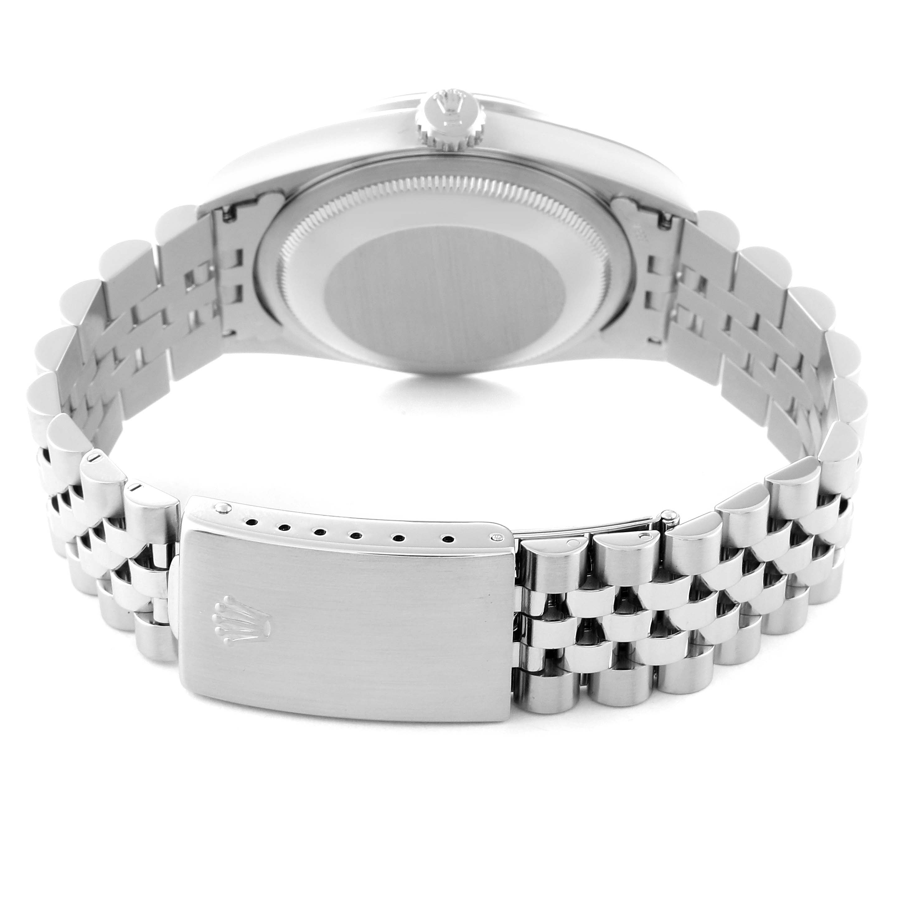 This image shows the back view of a Rolex Datejust 16200 Men's Stainless Steel Blue Dial 16200 Men's Stainless Steel Blue Dial watch, featuring its clasp, bracelet, and case back.