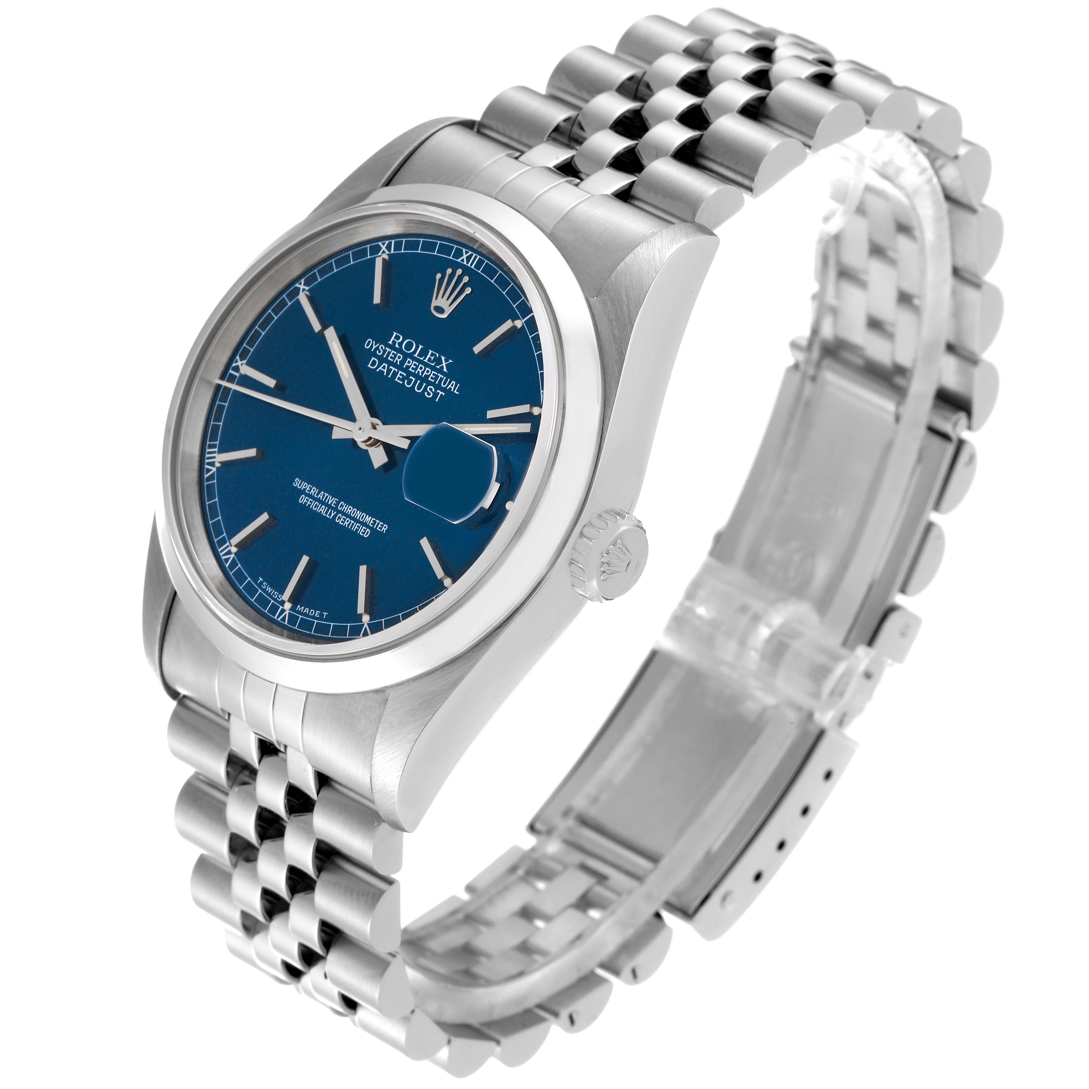 The Rolex Datejust 16200 Men's Stainless Steel Blue Dial 16200 Men's Stainless Steel Blue Dial watch is shown at an angled view, displaying its blue dial, jubilee bracelet, and crown.