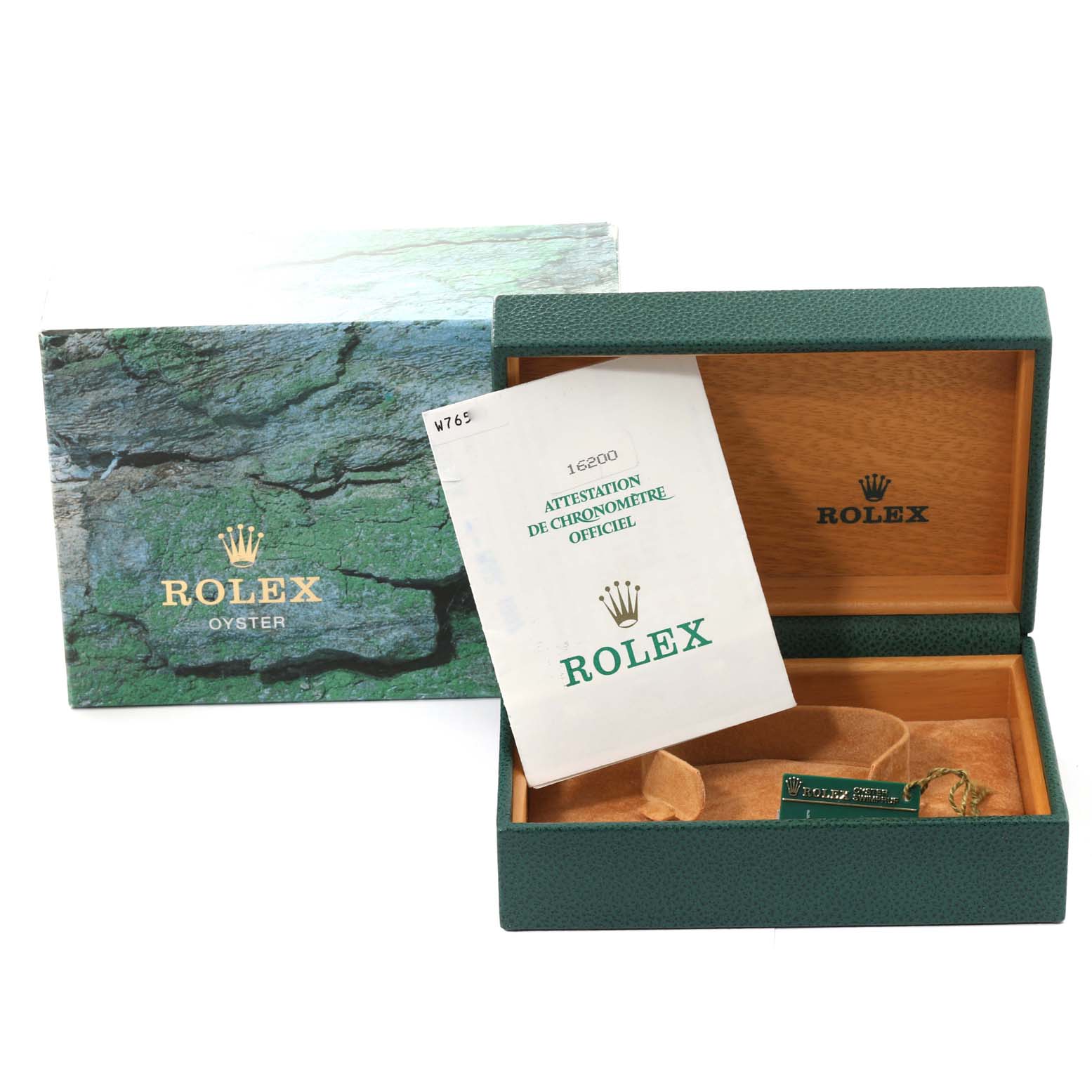 The image shows the packaging box and official documents for a Rolex Datejust 16200 Men's Stainless Steel Blue Dial 16200 Men's Stainless Steel Blue Dial watch, viewed from the front.