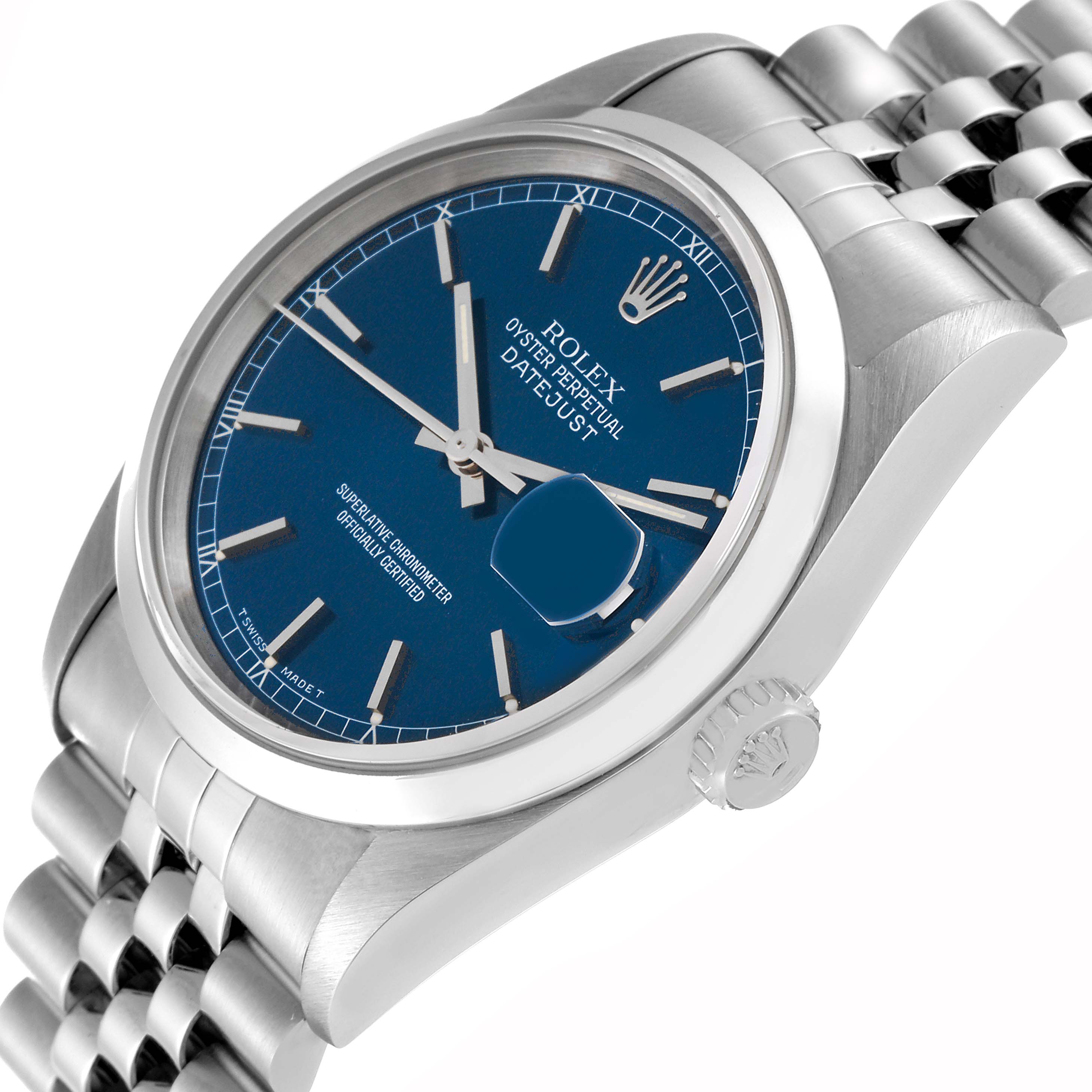 The image shows a close-up side and front angle of a Rolex Datejust 16200 Men's Stainless Steel Blue Dial 16200 Men's Stainless Steel Blue Dial watch, highlighting the face, crown, and part of the bracelet.