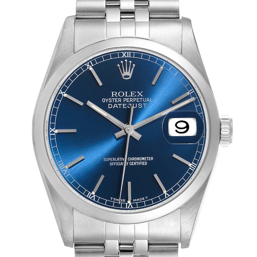 Rolex Datejust 36mm Blue Dial Smooth Bezel Steel Mens Watch 16200 Box Papers SwissWatchExpo