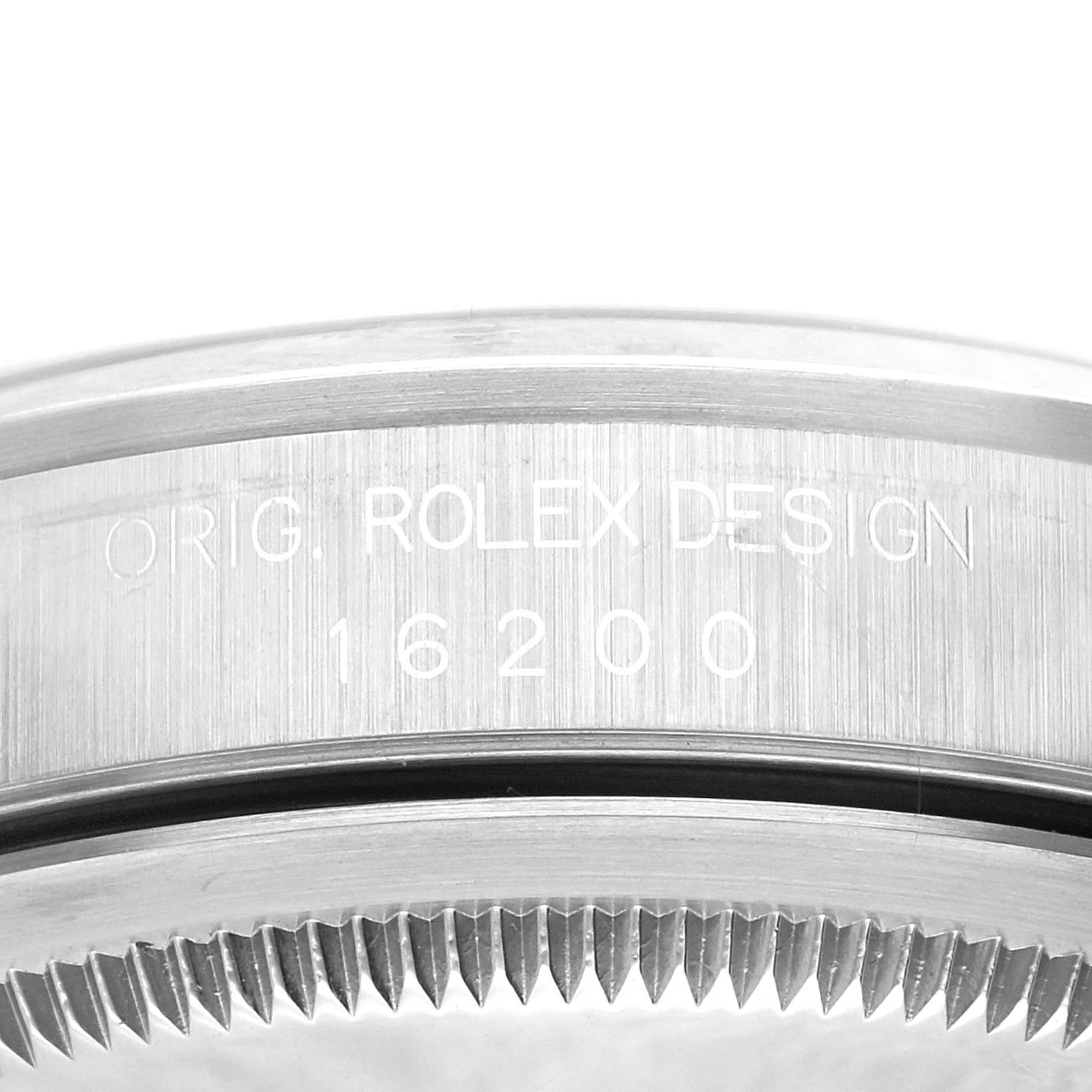 This is a close-up angle of the side of the Rolex Datejust 16200 Men's Stainless Steel Blue Dial 16200 Men's Stainless Steel Blue Dial 16200 model, showing the engraved design number.