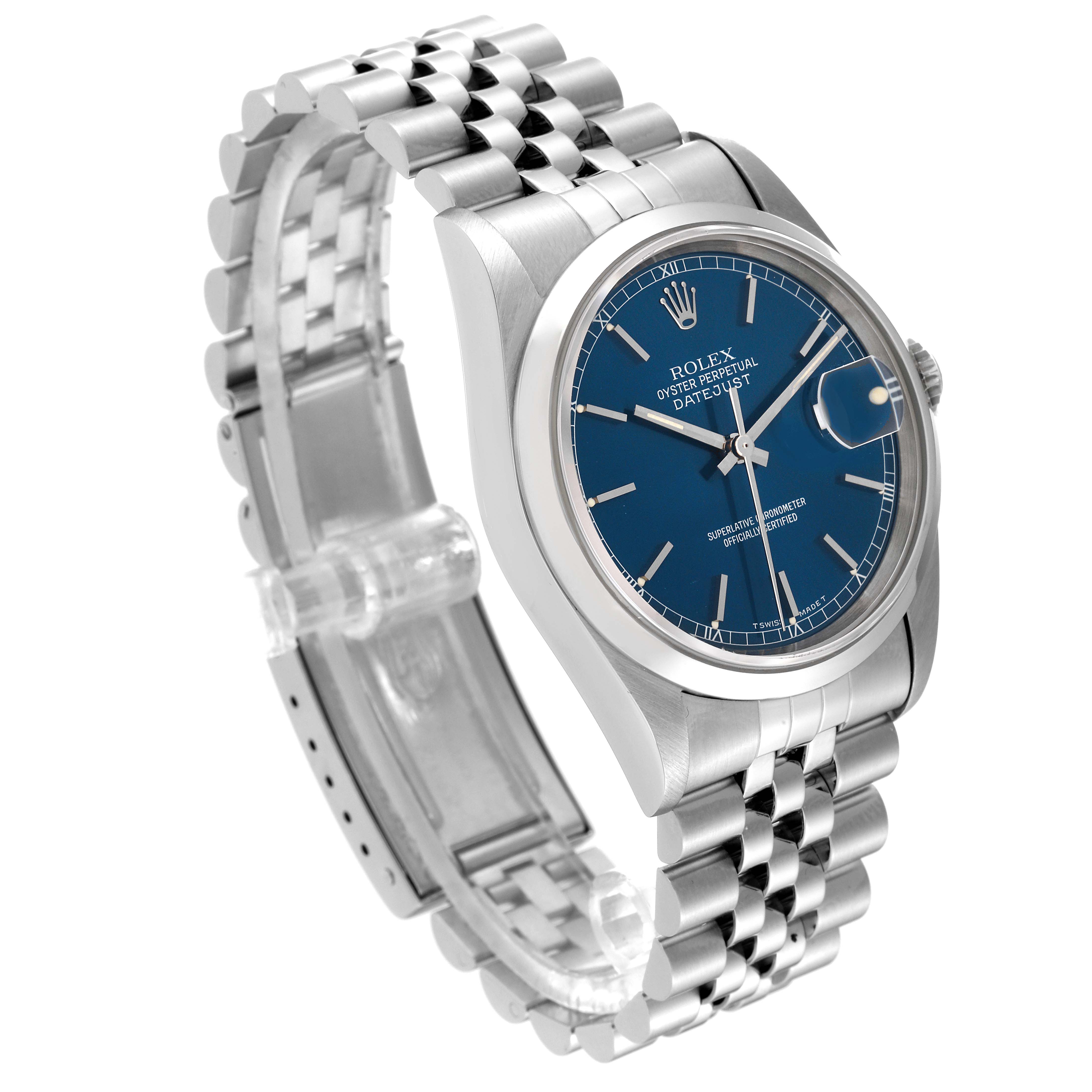 The image shows a Rolex Datejust 16200 Men's Stainless Steel Blue Dial 16200 Men's Stainless Steel Blue Dial watch viewed at an angle, highlighting the blue dial, case, and Jubilee bracelet.