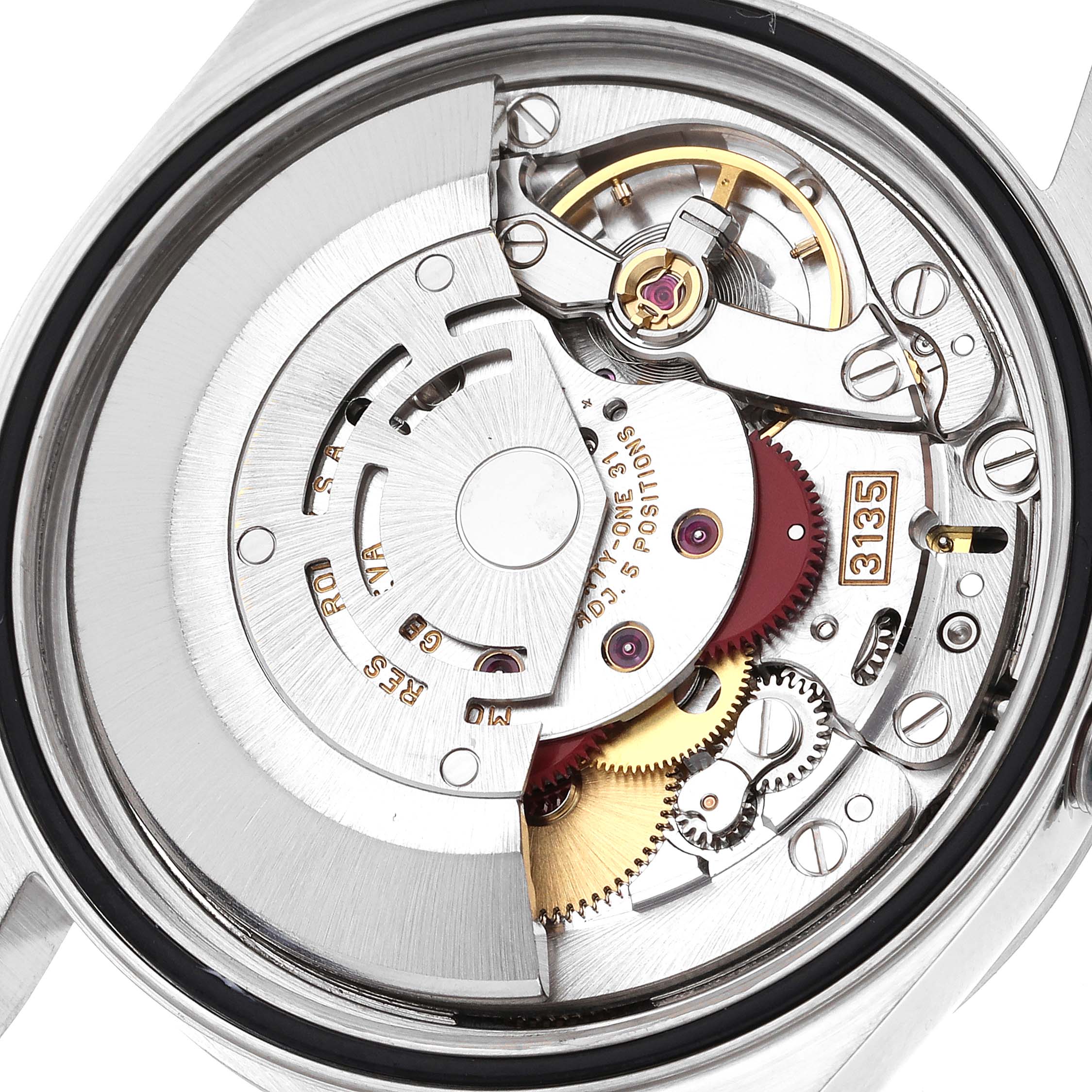 The image shows the internal mechanical movement of a Rolex Datejust 16200 Men's Stainless Steel Blue Dial 16200 Men's Stainless Steel Blue Dial watch, viewed from the back.