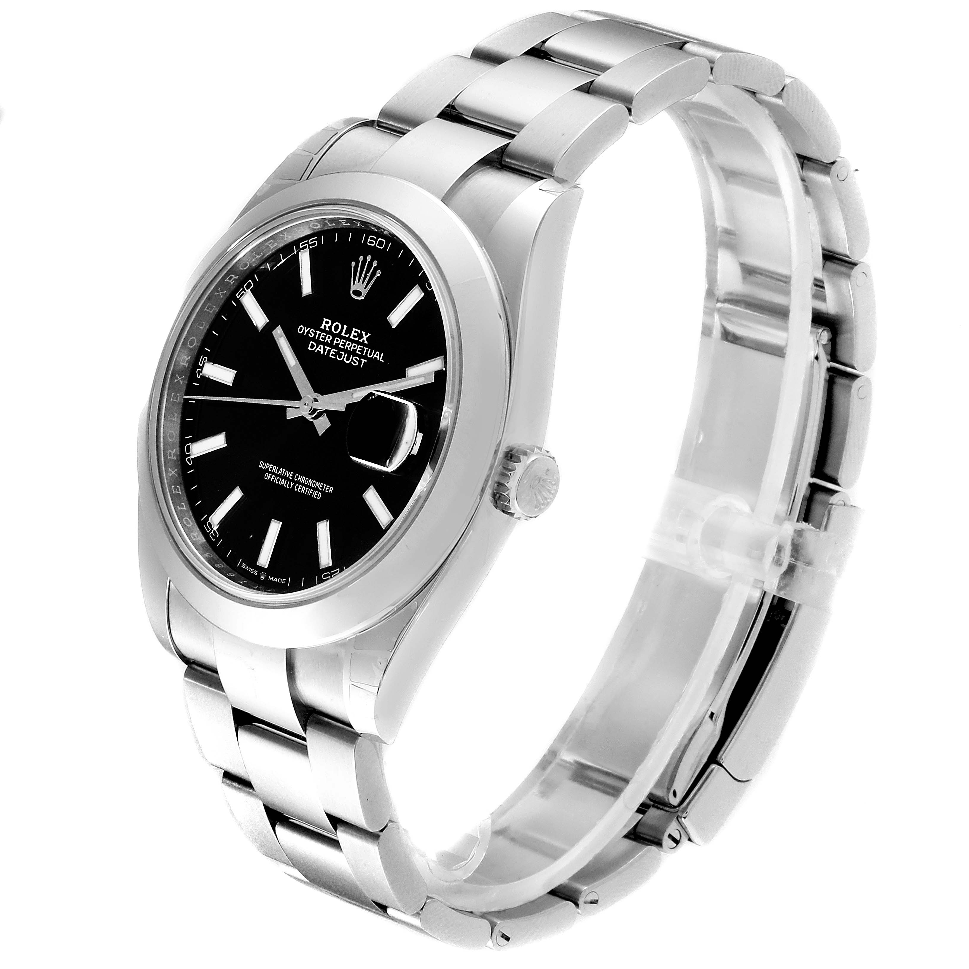 This image shows a side view of the Rolex Datejust 41 126300 Men
s Stainless Steel Black Dial 126300 Men
s Stainless Steel Black Dial model, highlighting the face, crown, and bracelet.