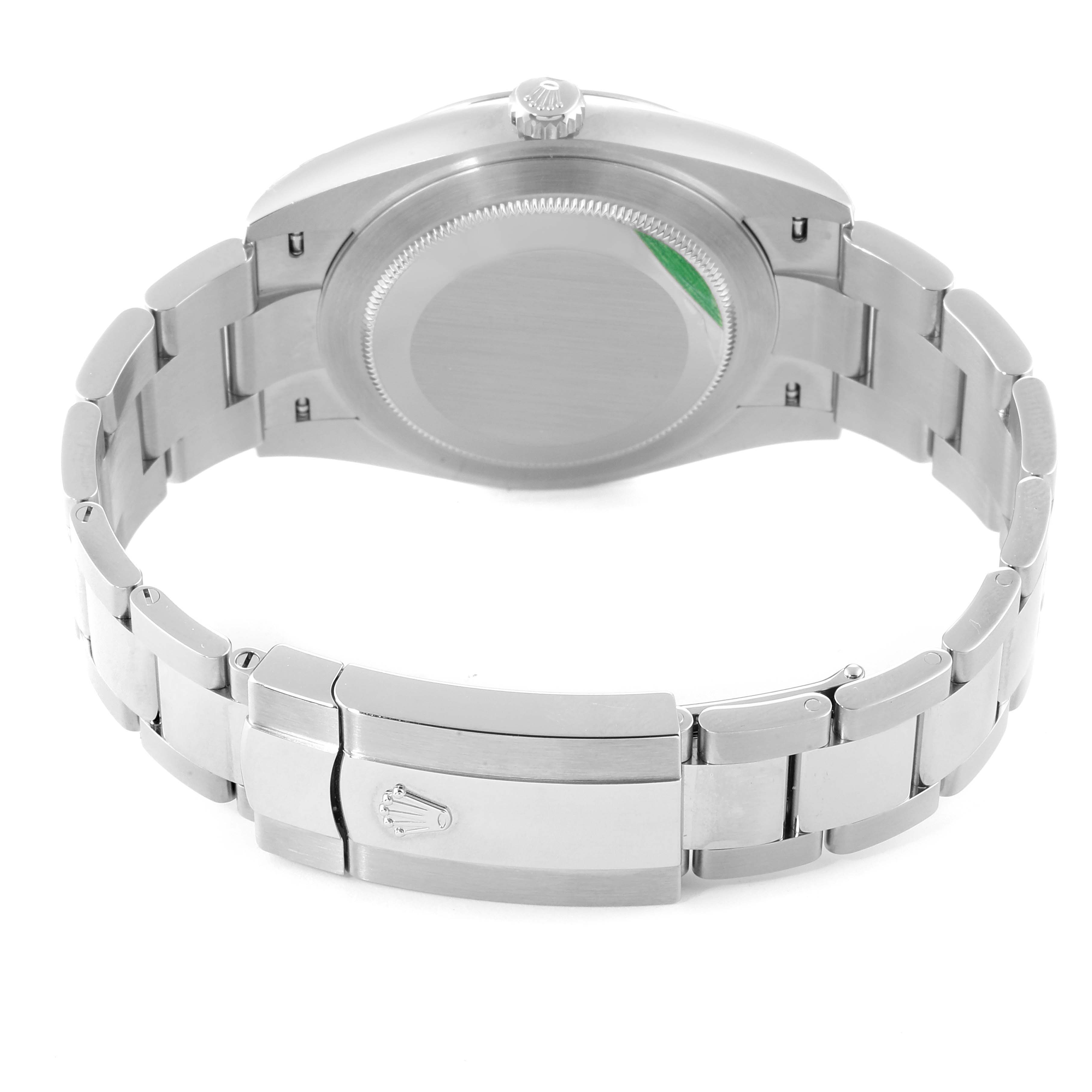 This image shows the back view of a Rolex Datejust 41 126300 Men
s Stainless Steel Black Dial 126300 Men
s Stainless Steel Black Dial watch focusing on the case back and bracelet.