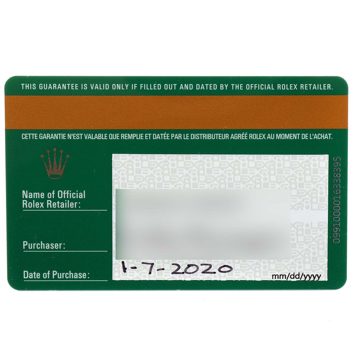 This is a filled-out official guarantee card for a Rolex Datejust 41 126300 Men
s Stainless Steel Black Dial 126300 Men
s Stainless Steel Black Dial model, dated 1-7-2020.