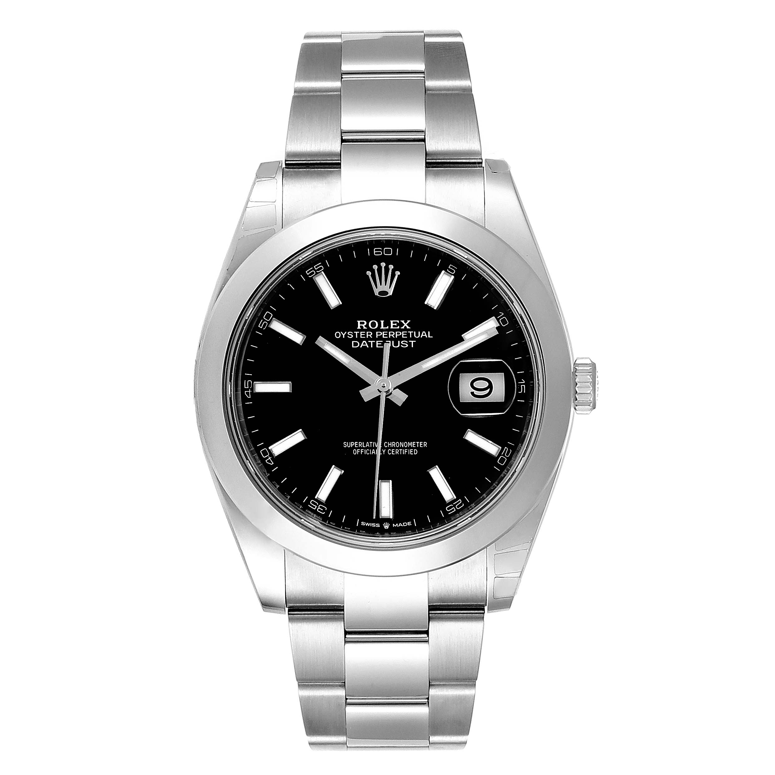 This image shows a front view of the Rolex Datejust 41 126300 Men
s Stainless Steel Black Dial 126300 Men
s Stainless Steel Black Dial watch, displaying its face, hands, and bracelet.