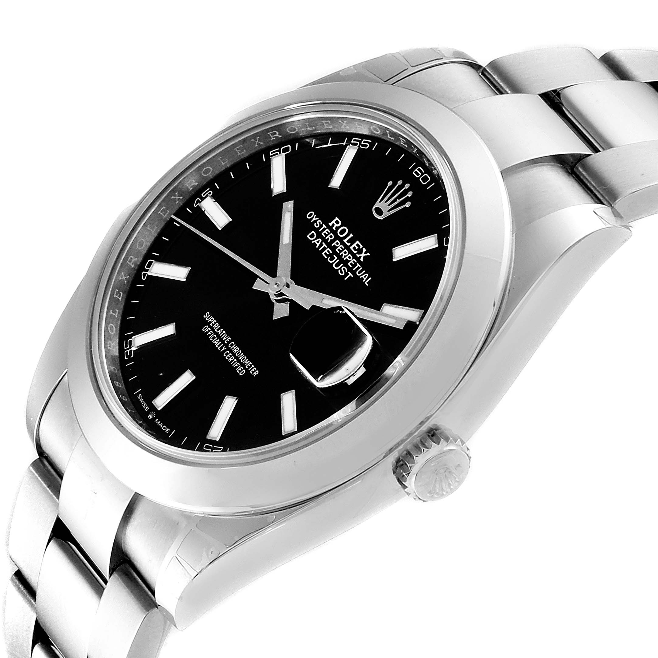 This image shows the Rolex Datejust 41 126300 Men
s Stainless Steel Black Dial 126300 Men
s Stainless Steel Black Dial watch from an angled side view, highlighting the dial, crown, and part of the bracelet.