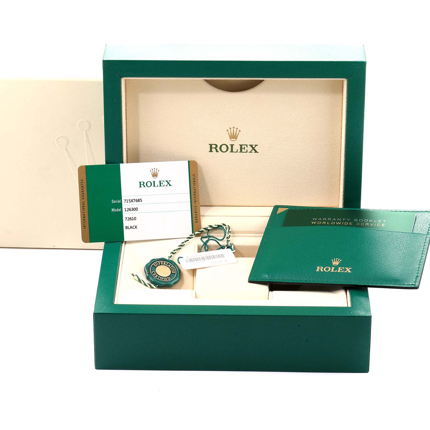 The image shows a top-down view of a Rolex Datejust 41 126300 Men
s Stainless Steel Black Dial 126300 Men
s Stainless Steel Black Dial box with warranty card, booklet, and tag.