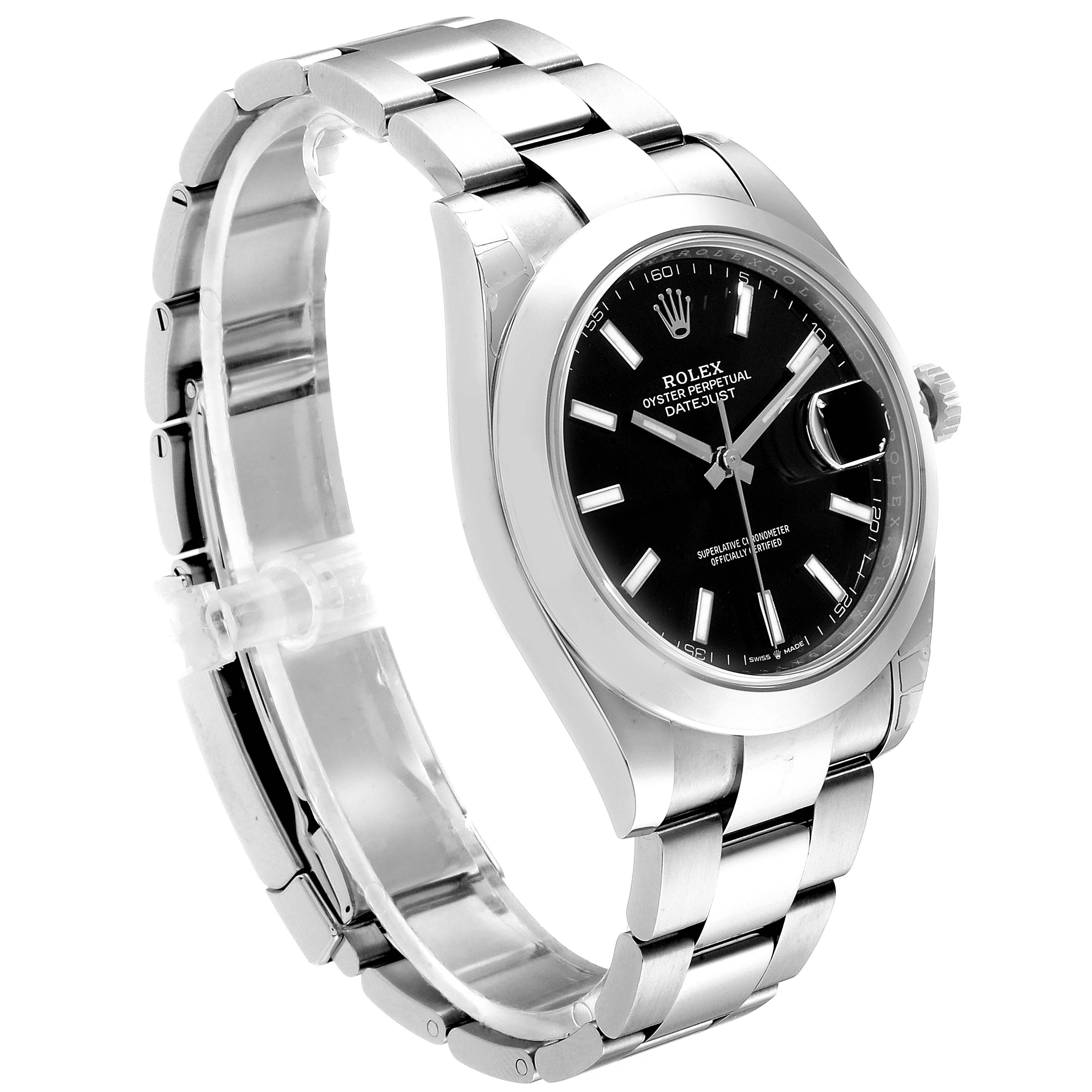 The image shows a side angle of the Rolex Datejust 41 126300 Men
s Stainless Steel Black Dial 126300 Men
s Stainless Steel Black Dial, highlighting the bracelet, bezel, dial, and crown.