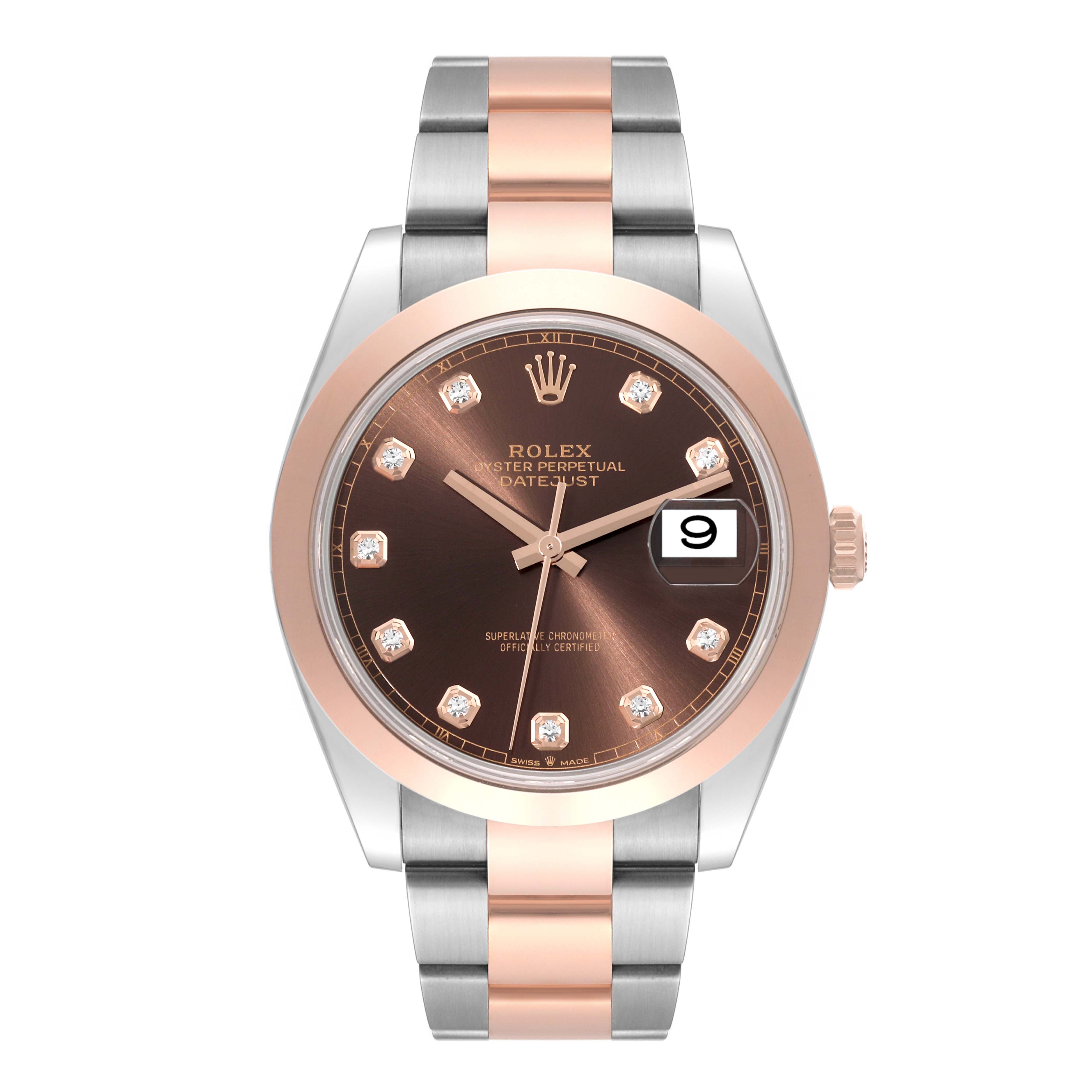 This Rolex Datejust 41 126301 Men's Steel and Gold (two tone) Brown Dial 126301 Men's Steel and Gold (two tone) Brown Dial model is shown from a front view, highlighting its dial, bezel, and bracelet.