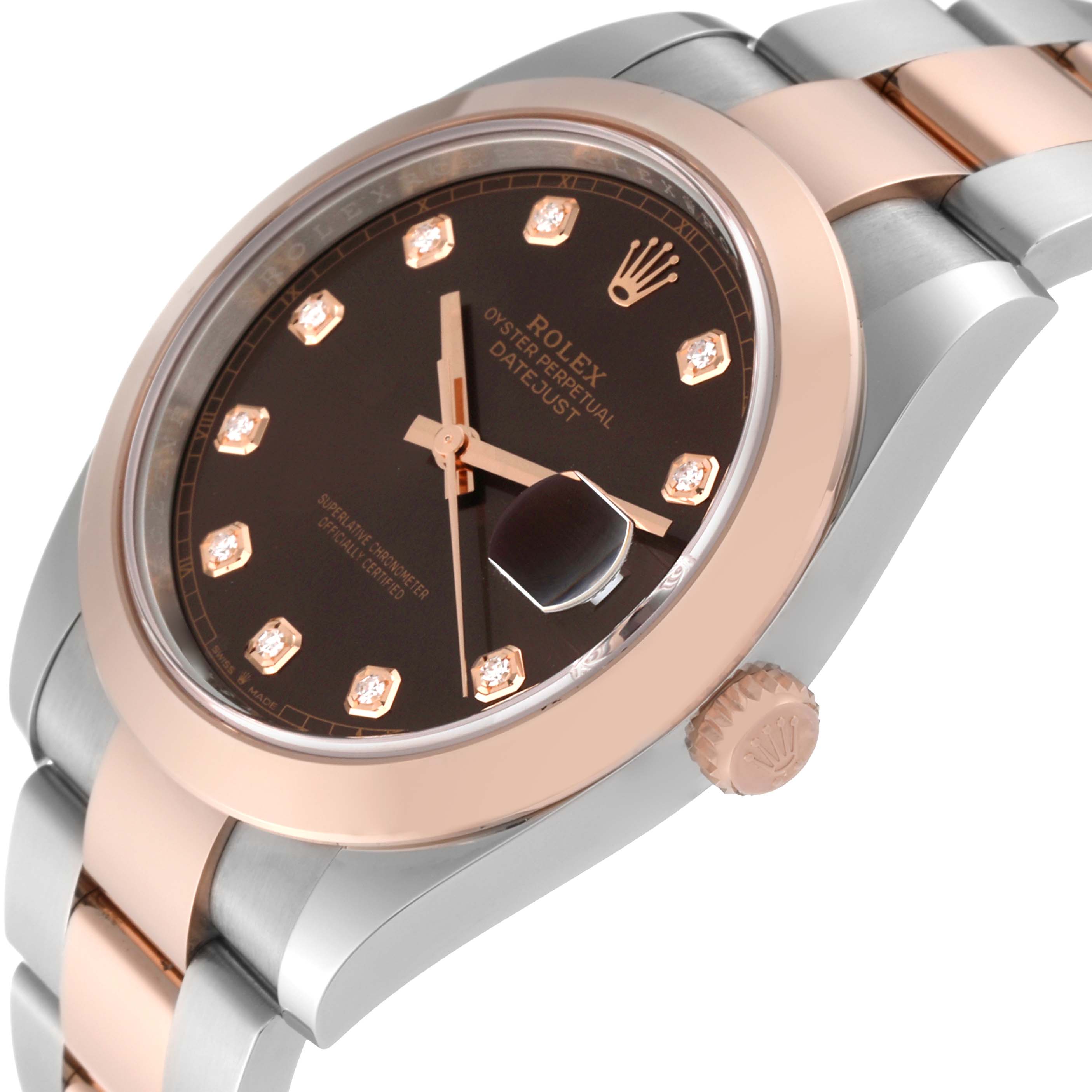 The Rolex Datejust 41 126301 Men's Steel and Gold (two tone) Brown Dial 126301 Men's Steel and Gold (two tone) Brown Dial watch is shown at a slight angle, highlighting the black dial, rose gold bezel, crown, and two-tone bracelet.