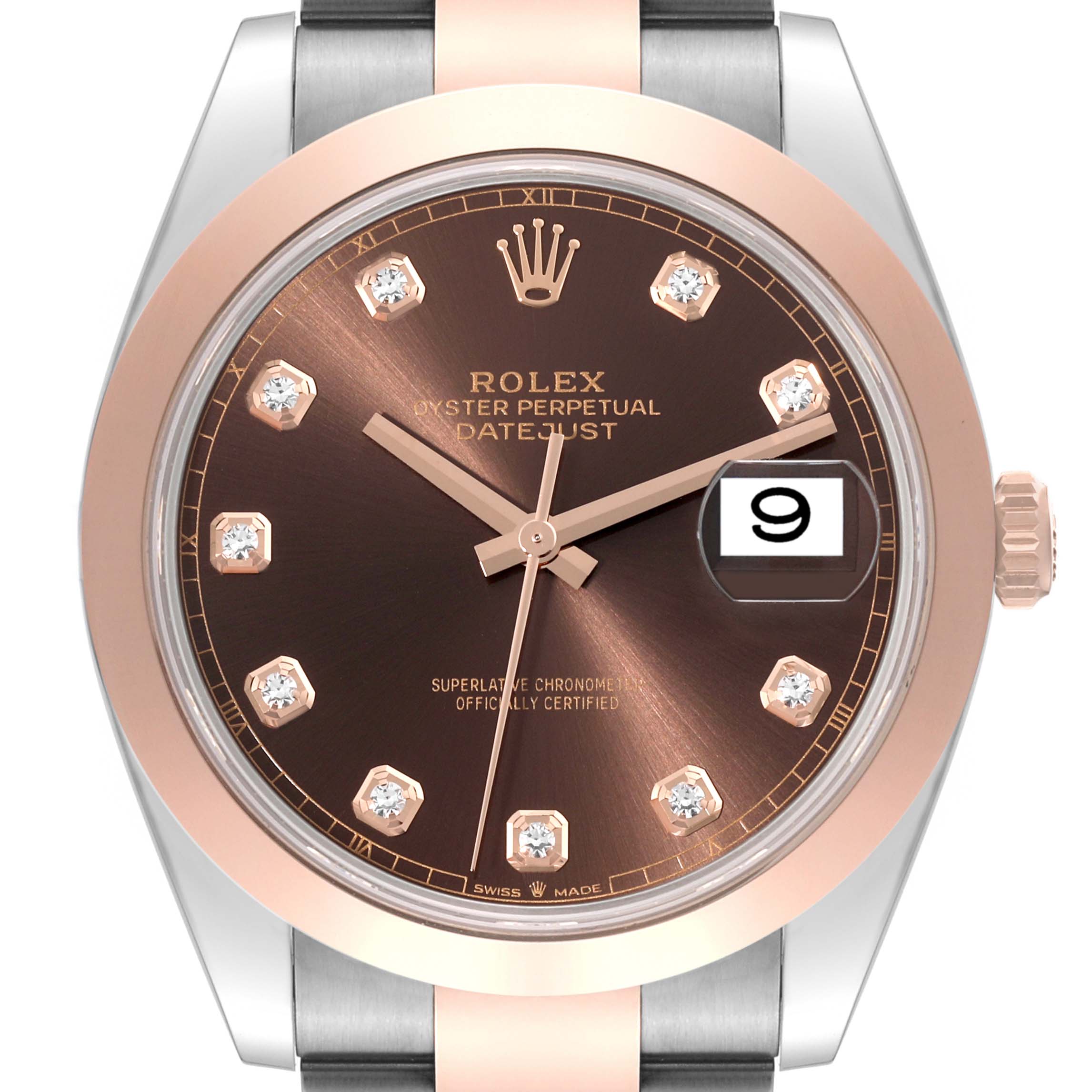 This is a close-up view of the Rolex Datejust 41 126301 Men's Steel and Gold (two tone) Brown Dial 126301 Men's Steel and Gold (two tone) Brown Dial watch, highlighting the brown dial, date display, and rose gold accents.