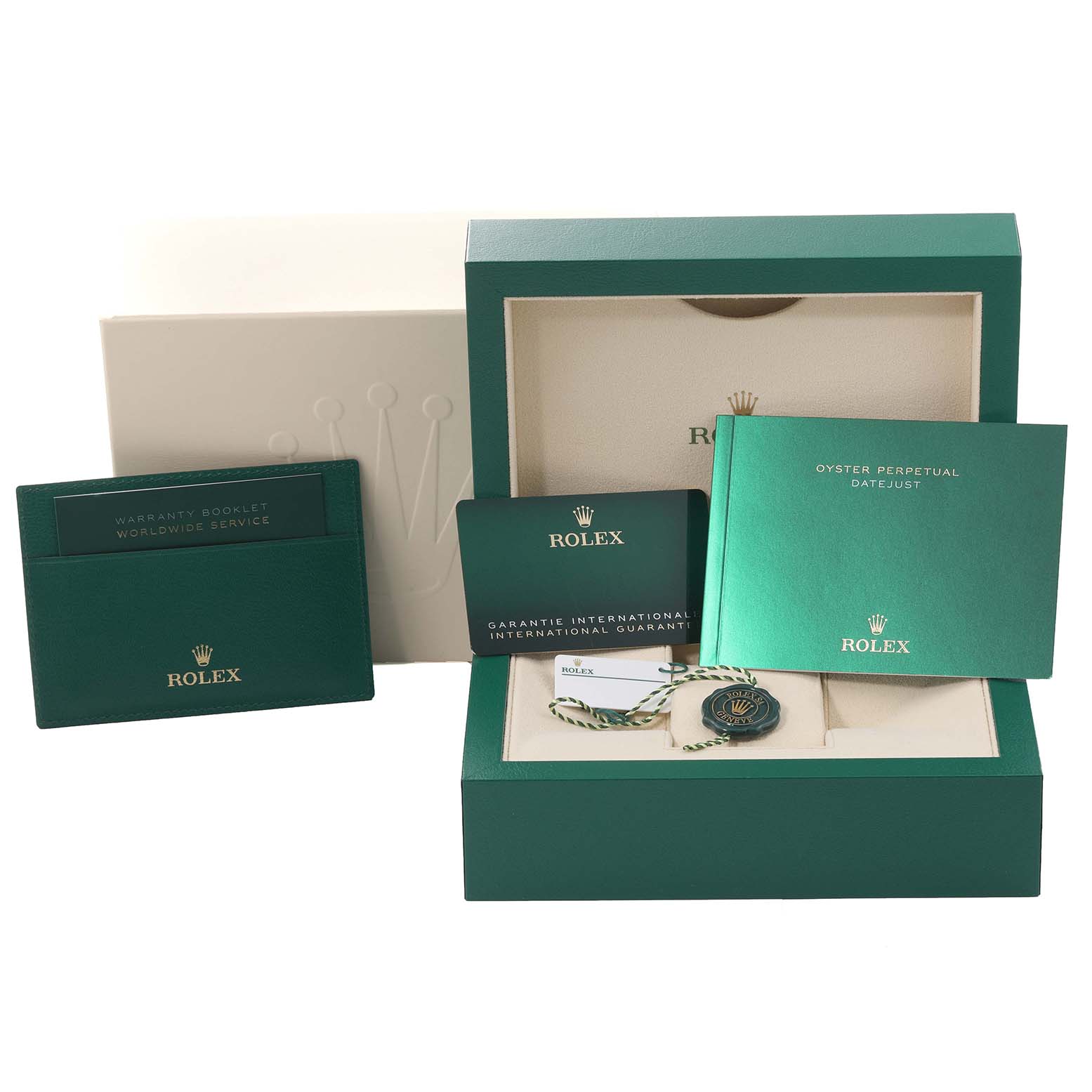 The image shows the packaging and accompanying documentation for a Rolex Datejust 41 126301 Men's Steel and Gold (two tone) Brown Dial 126301 Men's Steel and Gold (two tone) Brown Dial, including the box, warranty booklet, and manuals.