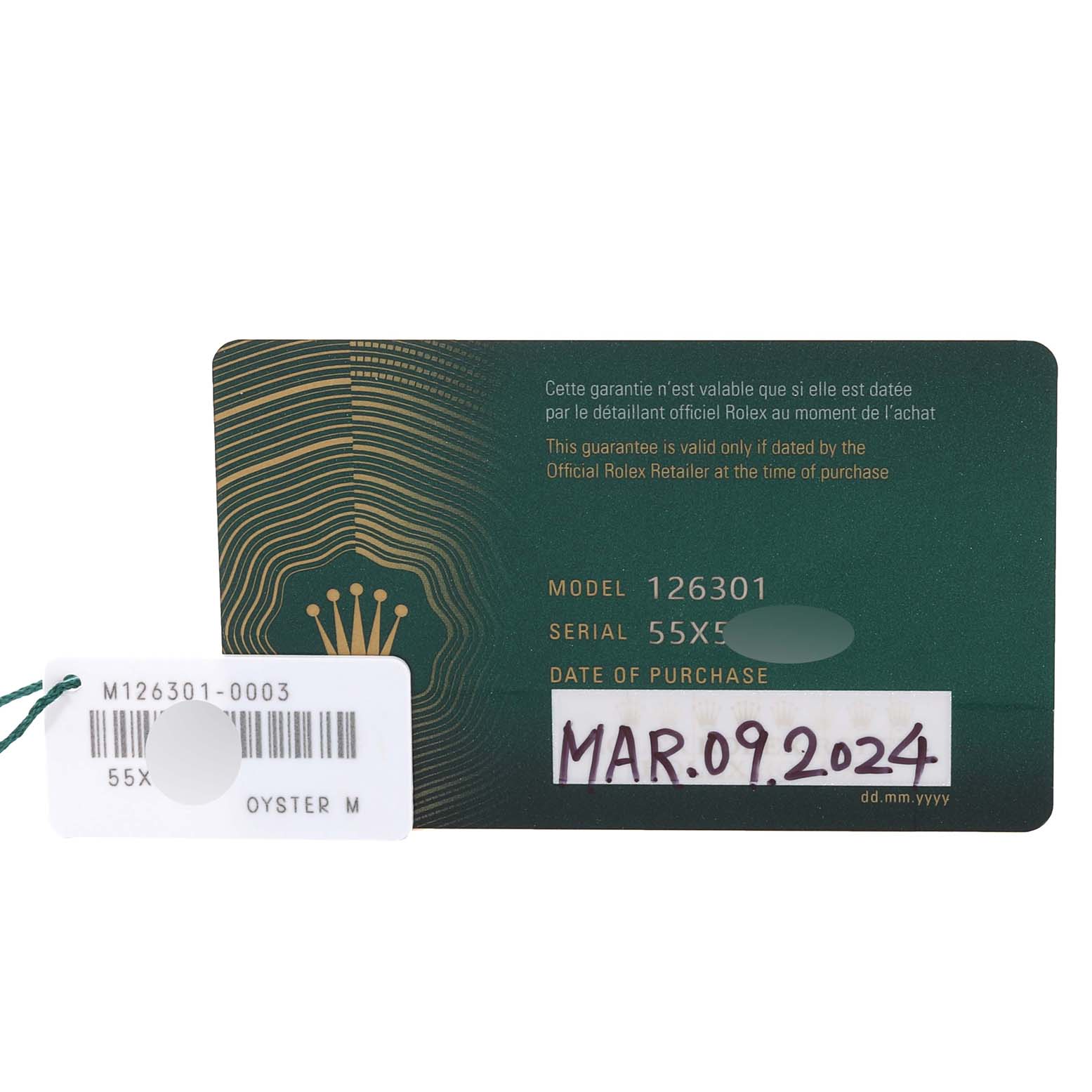 The image shows the warranty card and tag for the Rolex Datejust 41 126301 Men's Steel and Gold (two tone) Brown Dial 126301 Men's Steel and Gold (two tone) Brown Dial model 126301.