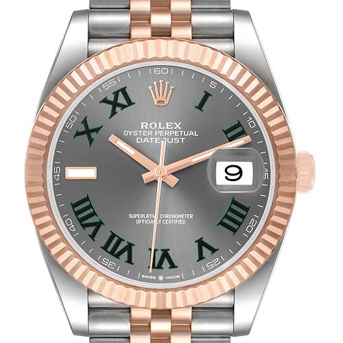 The Rolex Datejust 41 126331 Men's Steel and Gold (two tone) Grey Dial is shown from the front, highlighting the dial, fluted bezel, two-tone bracelet, and date window.