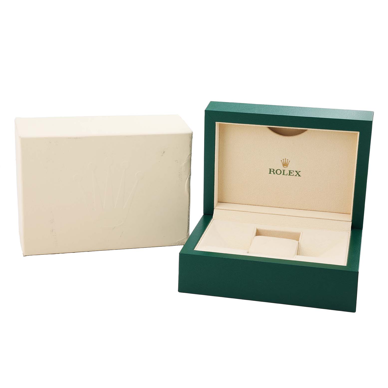 The image shows the open and closed boxes for a Rolex Datejust 41 126331 Men's Steel and Gold (two tone) Grey Dial watch, with the logo visible inside the open box.