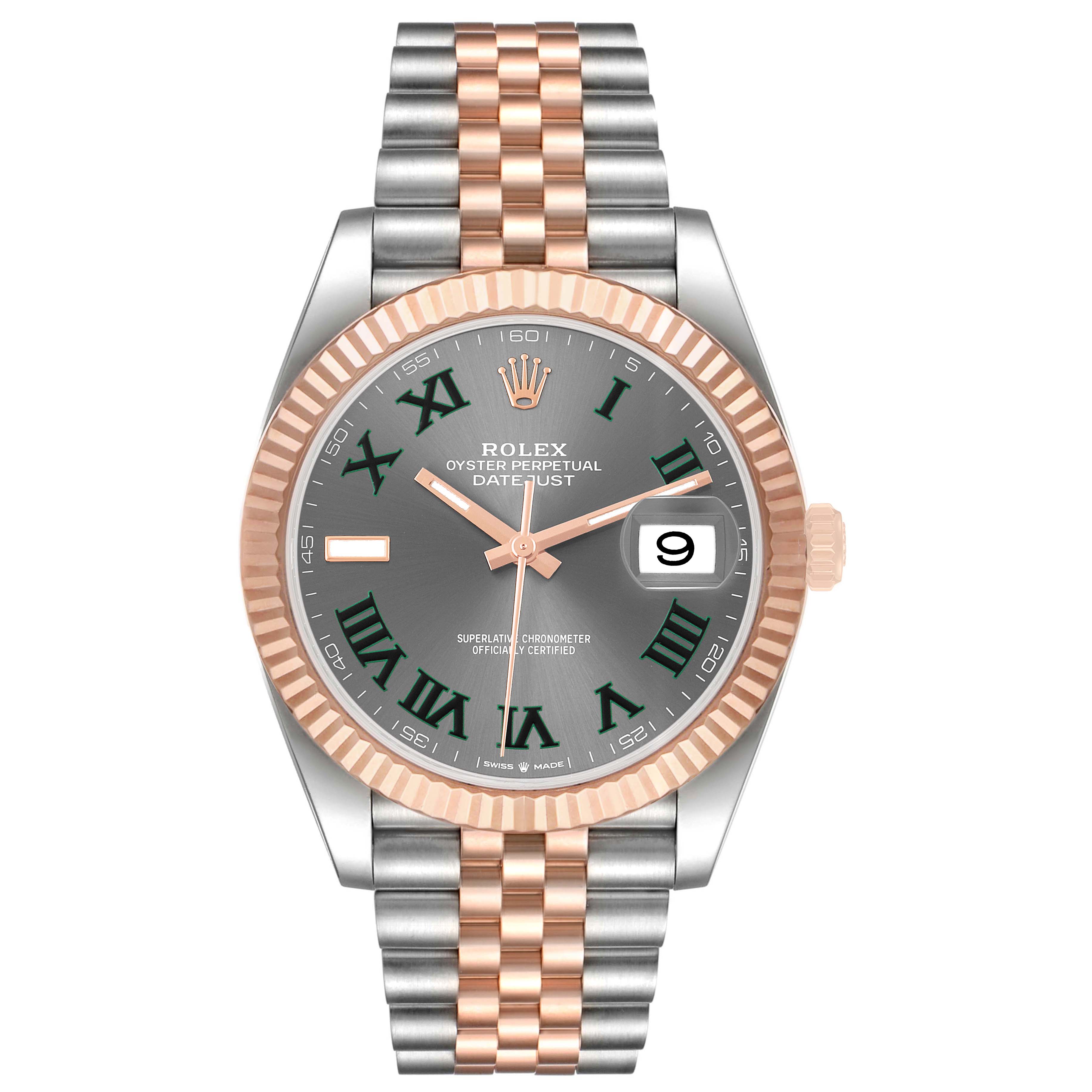 The Rolex Datejust 41 126331 Men's Steel and Gold (two tone) Grey Dial watch is shown from the front, displaying its dial, hands, bezel, and two-tone bracelet.